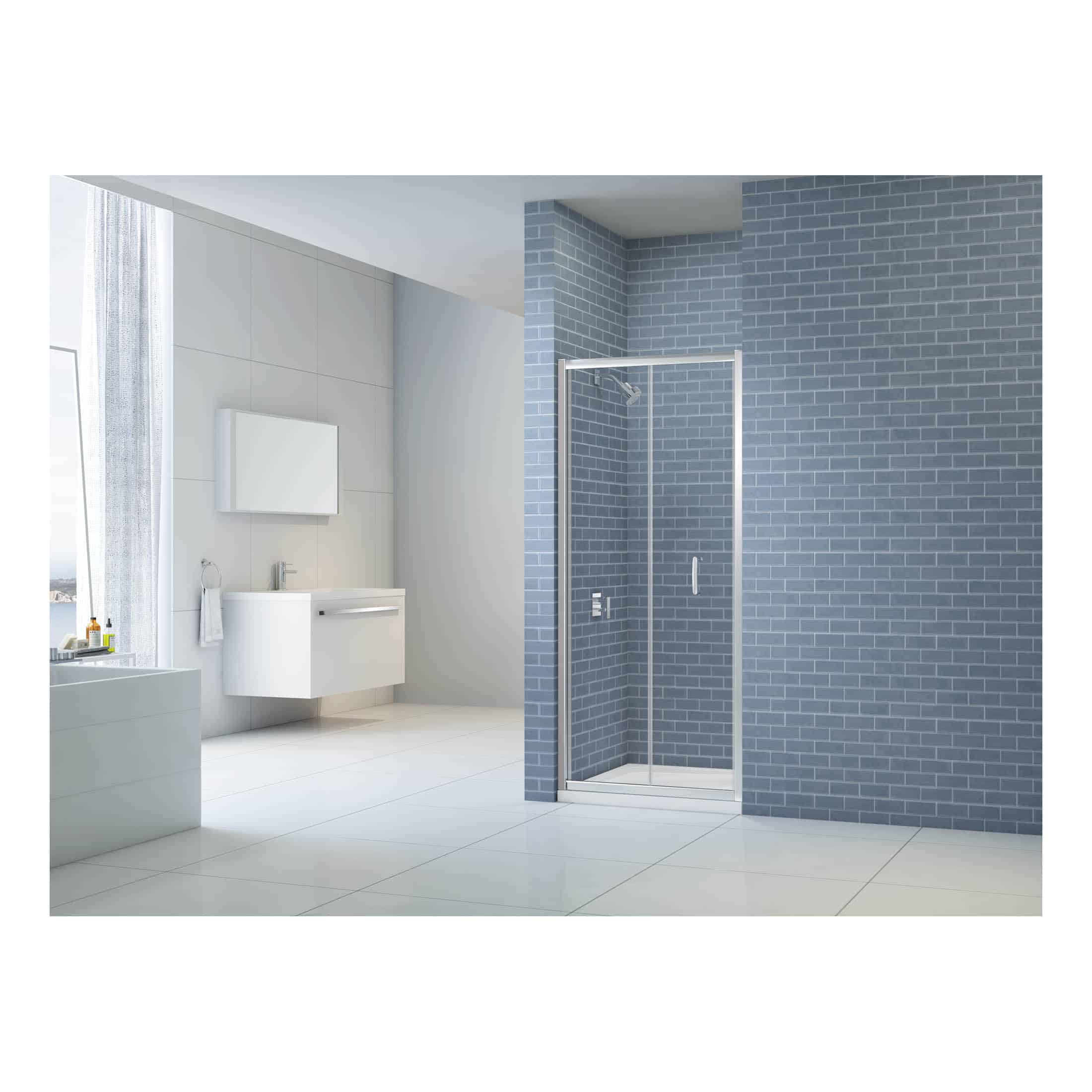 Modern minimalist bathroom with walk-in shower featuring grey brick tiles, sleek white vanity, wall-mounted mirror, and large windows for natural light, perfect for contemporary home renovations.
