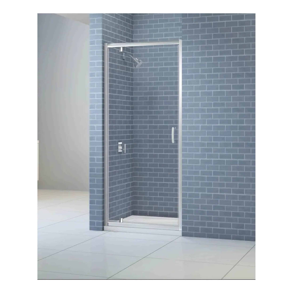 Sleek glass shower enclosure with chrome frame and handle set against modern grey brick tiles in a contemporary bathroom. Perfect for stylish, functional bathroom upgrade or renovation.