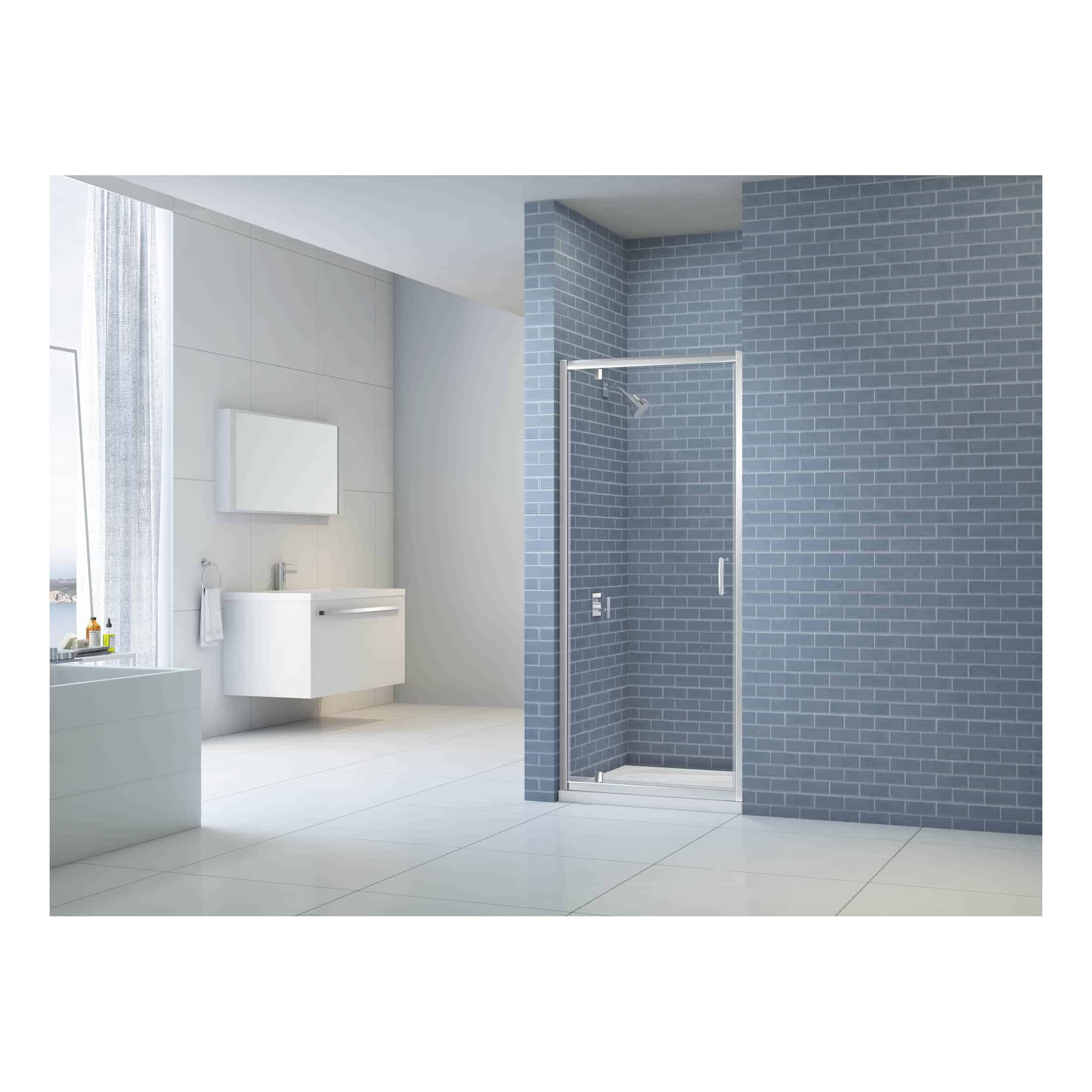 Floating white bathroom vanity with mirror in a modern minimalist bathroom with white tiles, large window, and sleek design.