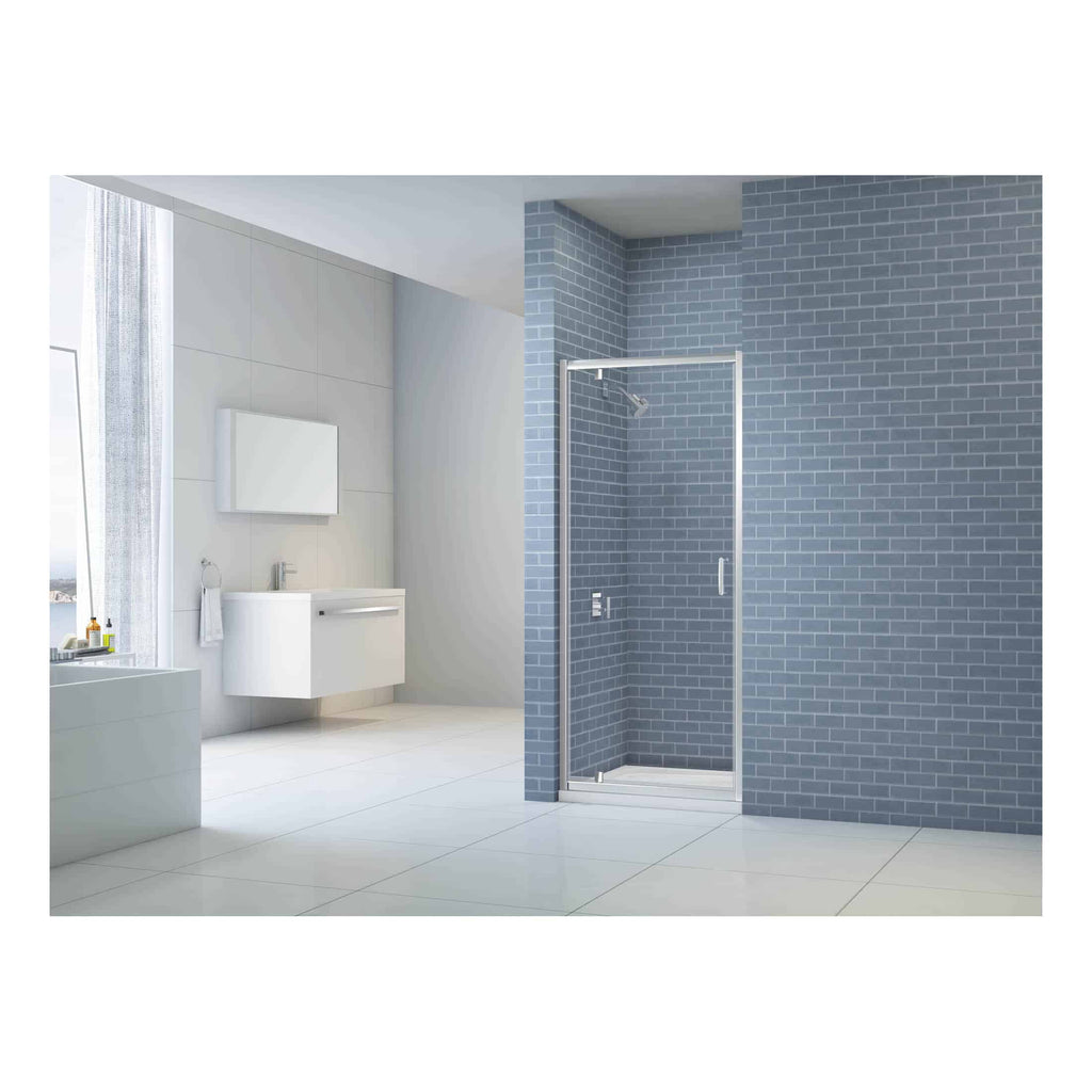 Floating white bathroom vanity with mirror in a modern minimalist bathroom with white tiles, large window, and sleek design.