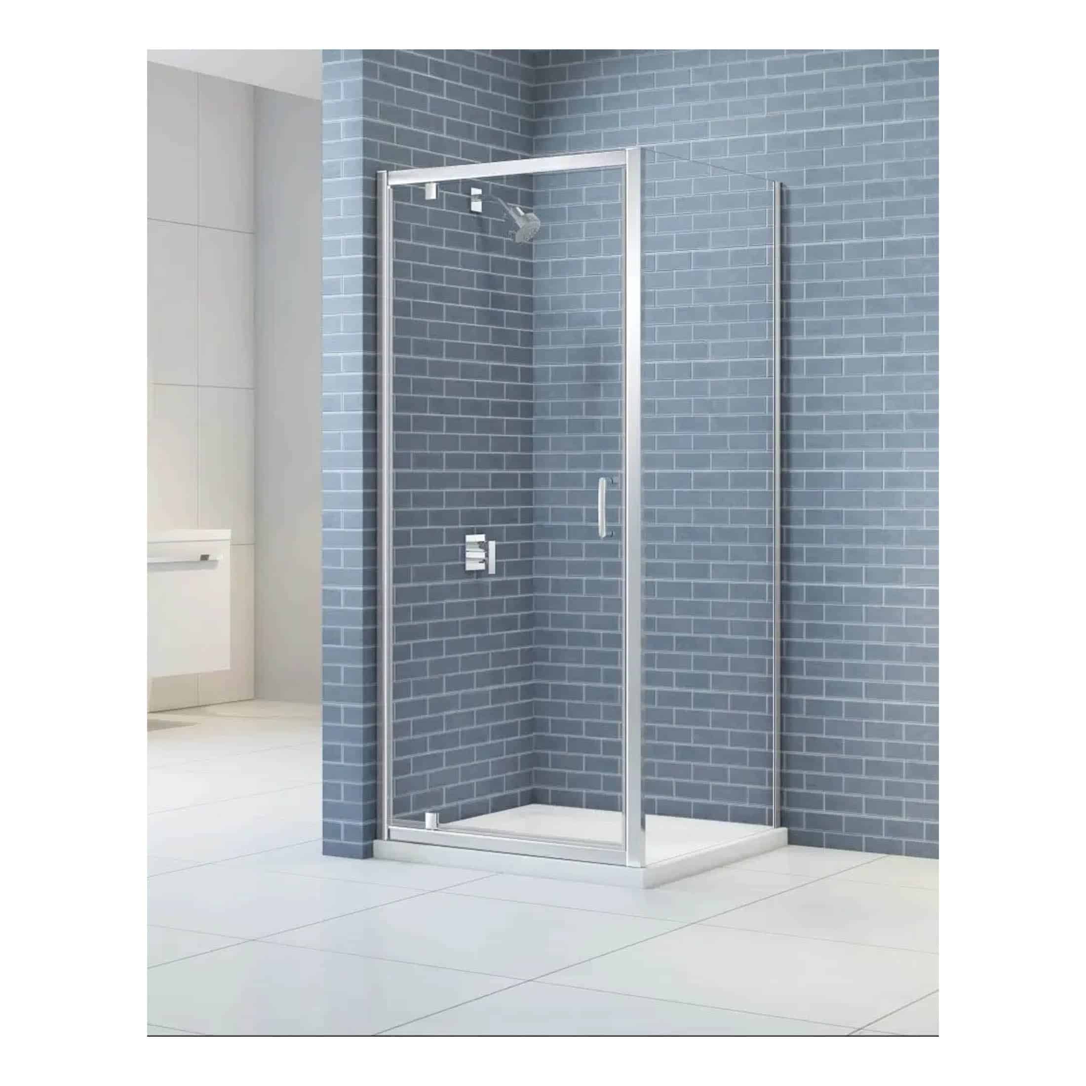 Modern glass shower enclosure with chrome trim and blue brick-patterned wall tiles, ideal for contemporary bathroom renovations and plumbing solutions.