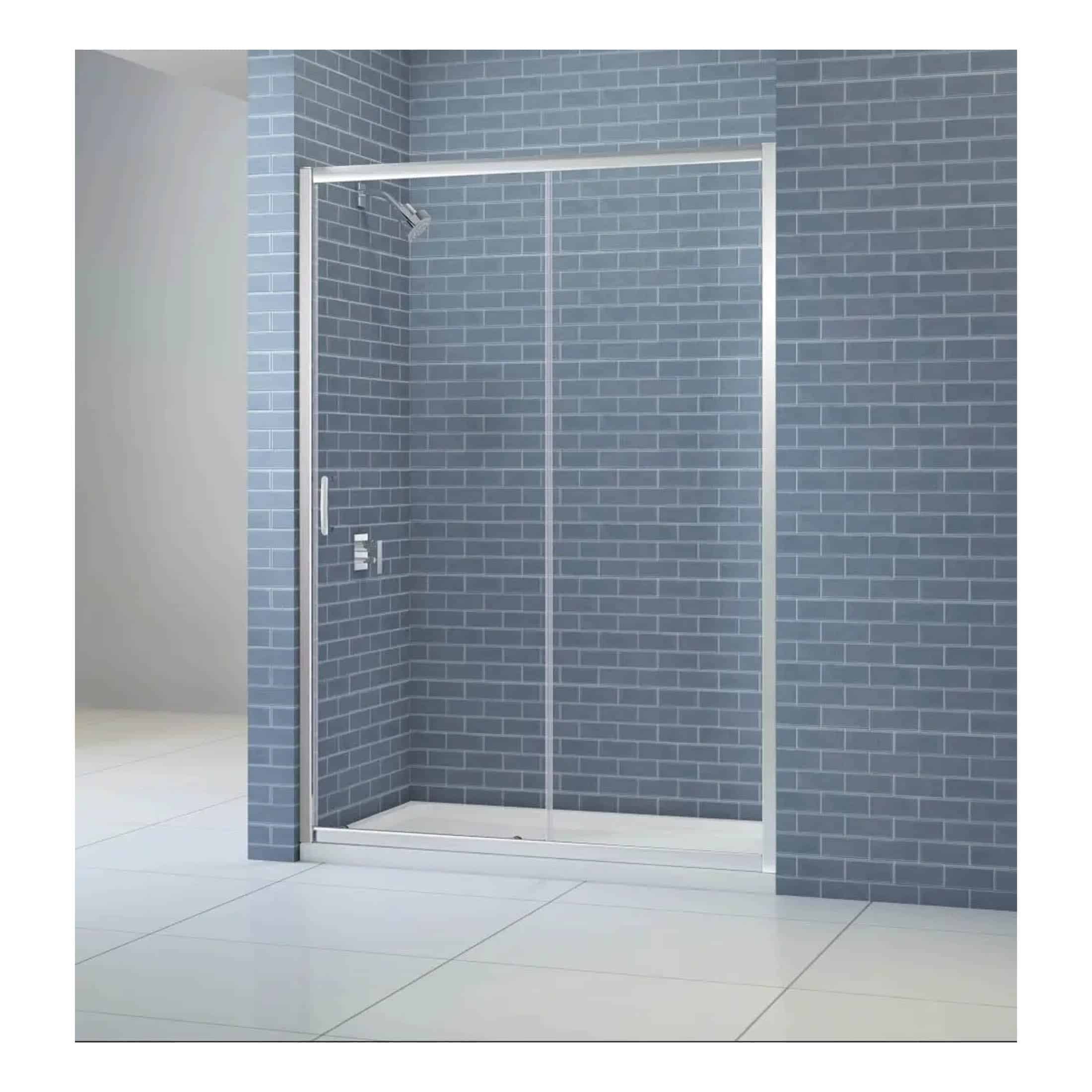 Modern glass shower enclosure with grey brick wall tiles, ideal for contemporary bathroom design. Features sliding doors and chrome fixtures, perfect for a sleek and stylish bathroom upgrade.