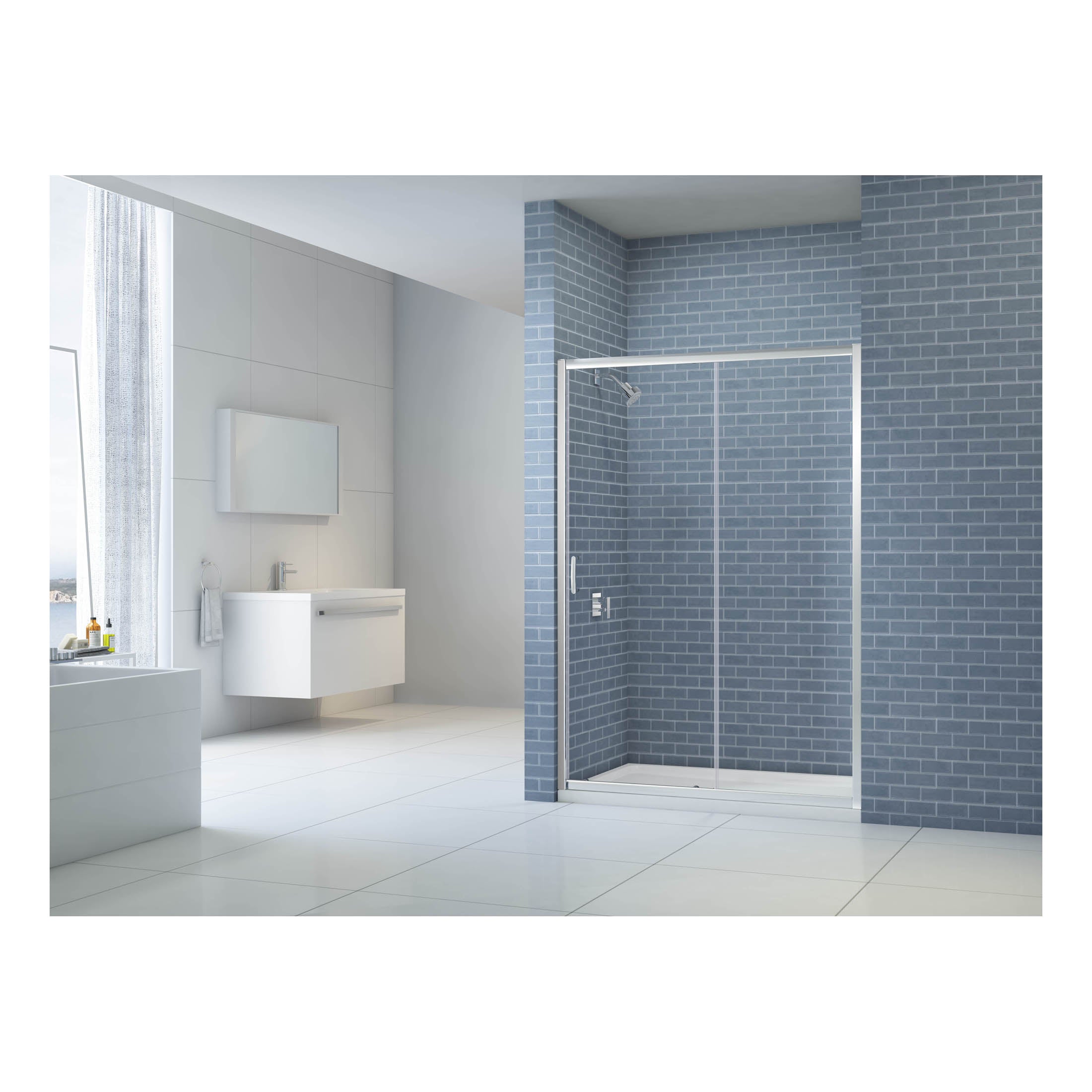 Contemporary bathroom design featuring a minimalist shower enclosure with sleek metal framing, white floating vanity, large mirror, and soft natural lighting, perfect for modern bathroom renovation.