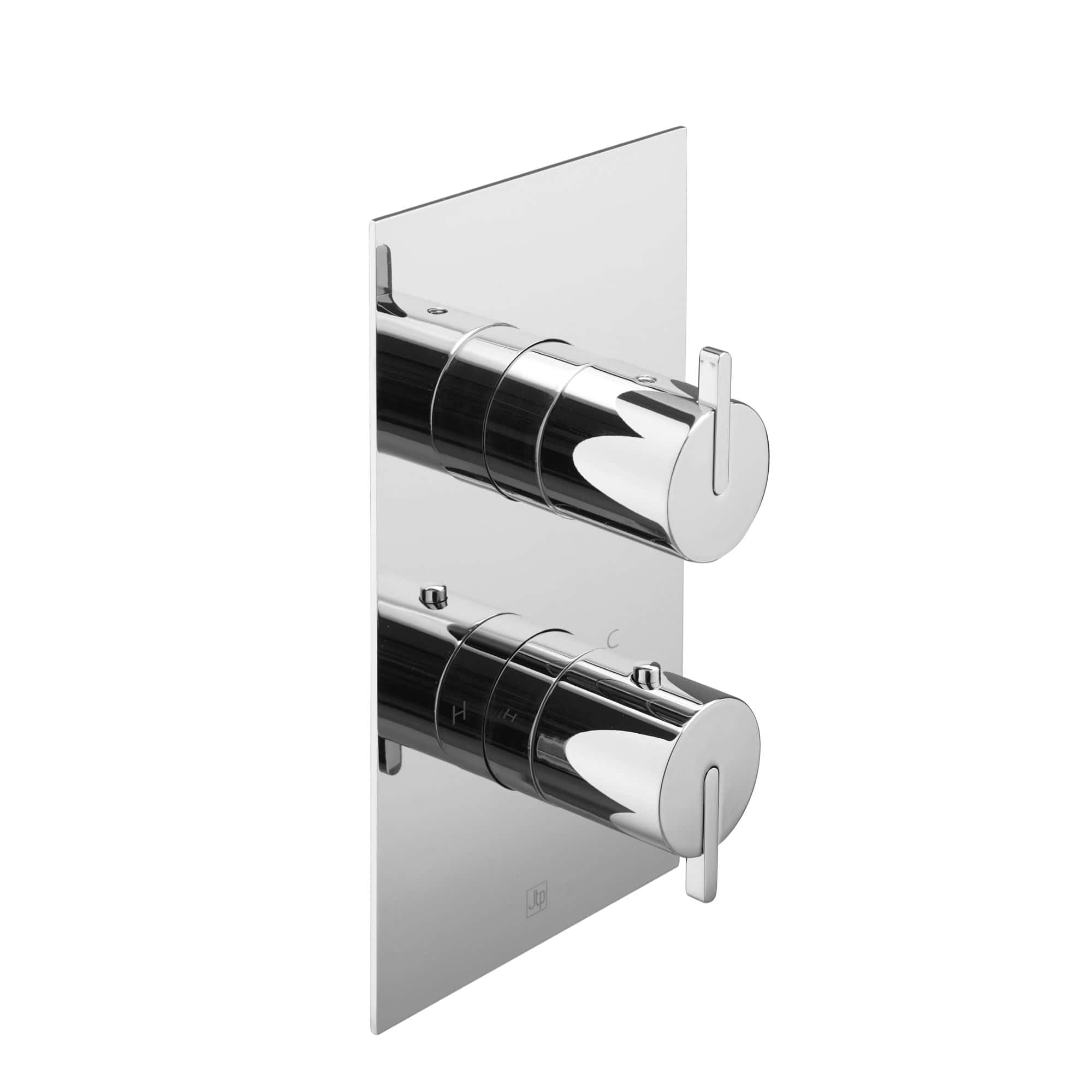 Sleek chrome thermostatic shower valve with dual controls mounted on a modern bathroom wall, perfect for precise temperature adjustment and enhanced bathroom style.