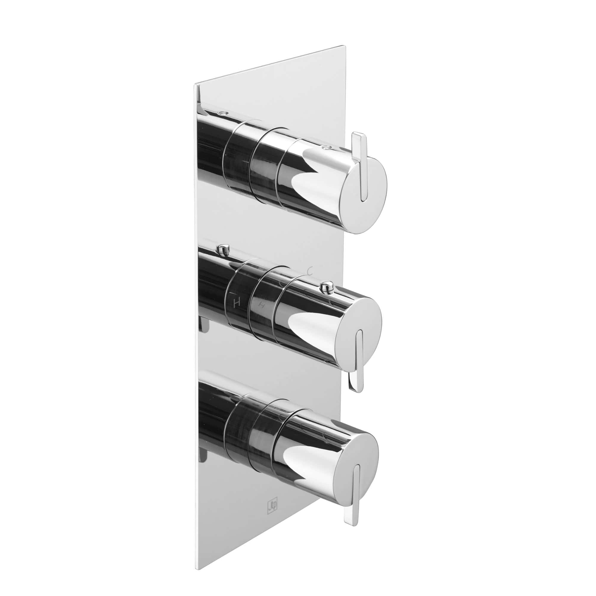 Sleek chrome thermostatic shower mixer valve featuring three control handles, designed for modern bathrooms, providing precise temperature and flow control for an optimal shower experience.