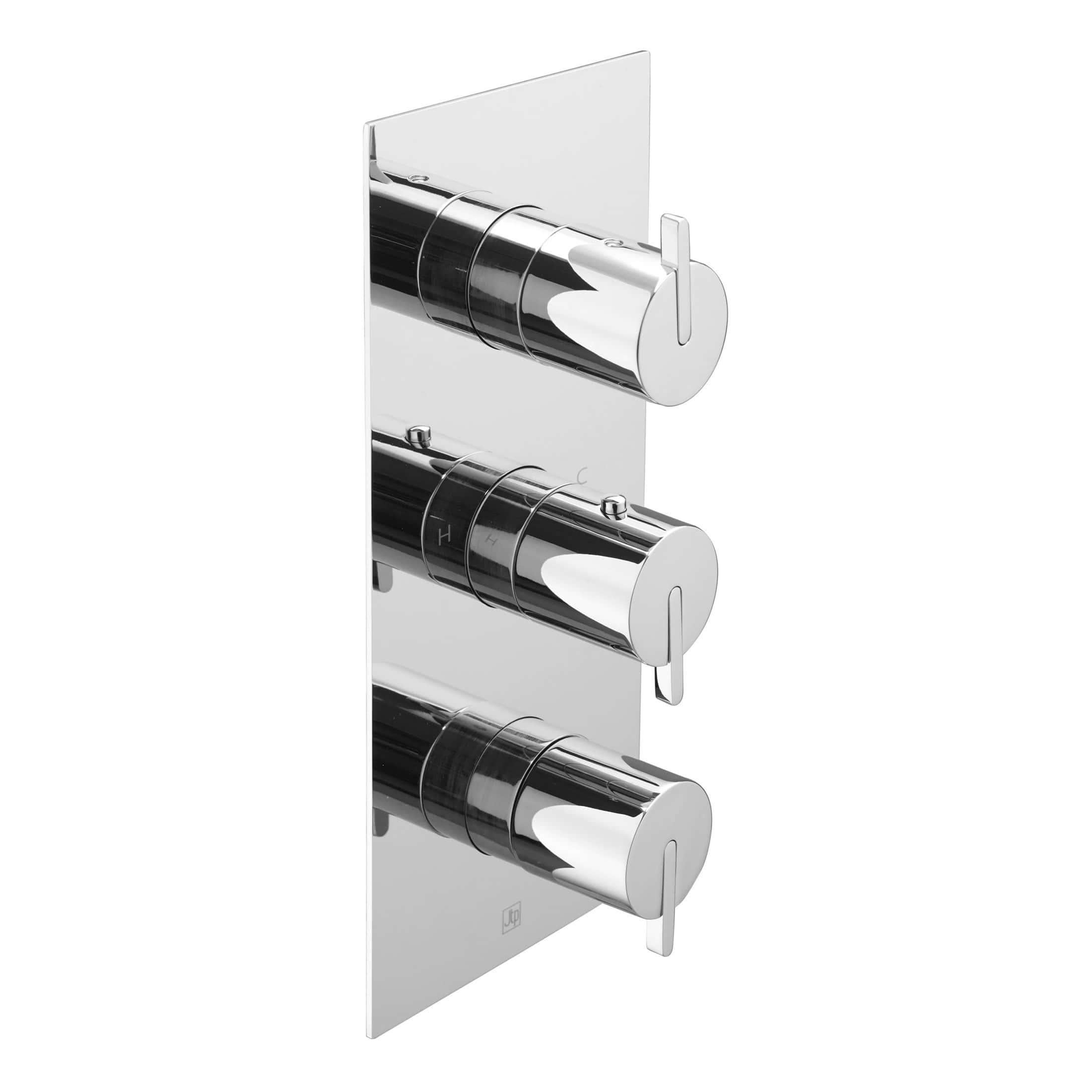 Sleek chrome shower thermostat control valve for modern bathroom installations. Adjustable temperature and flow for a luxurious shower experience, durable and easy to operate.