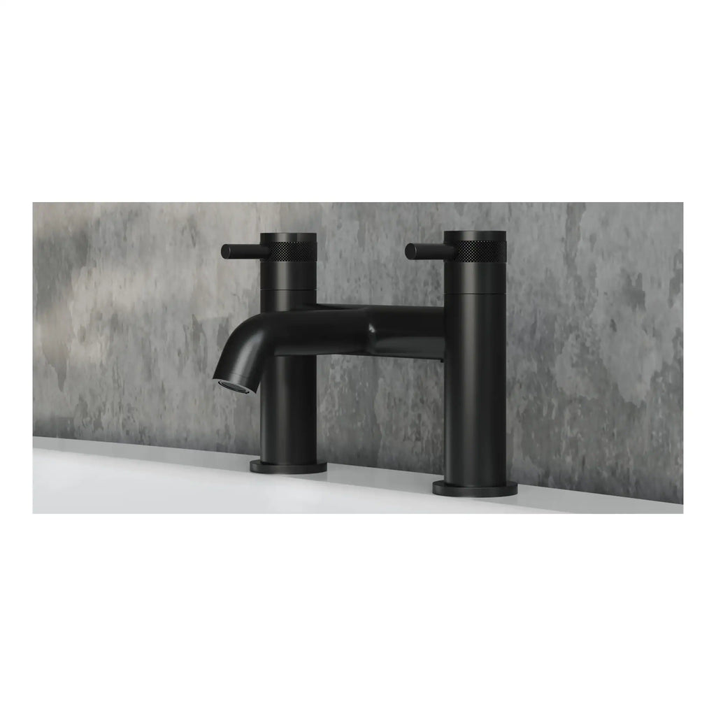Sleek black matte bathroom sink tap with dual handles, modern minimalist design, ideal for contemporary bathrooms, durable finish, easy to operate, matches various fixtures and fittings.
