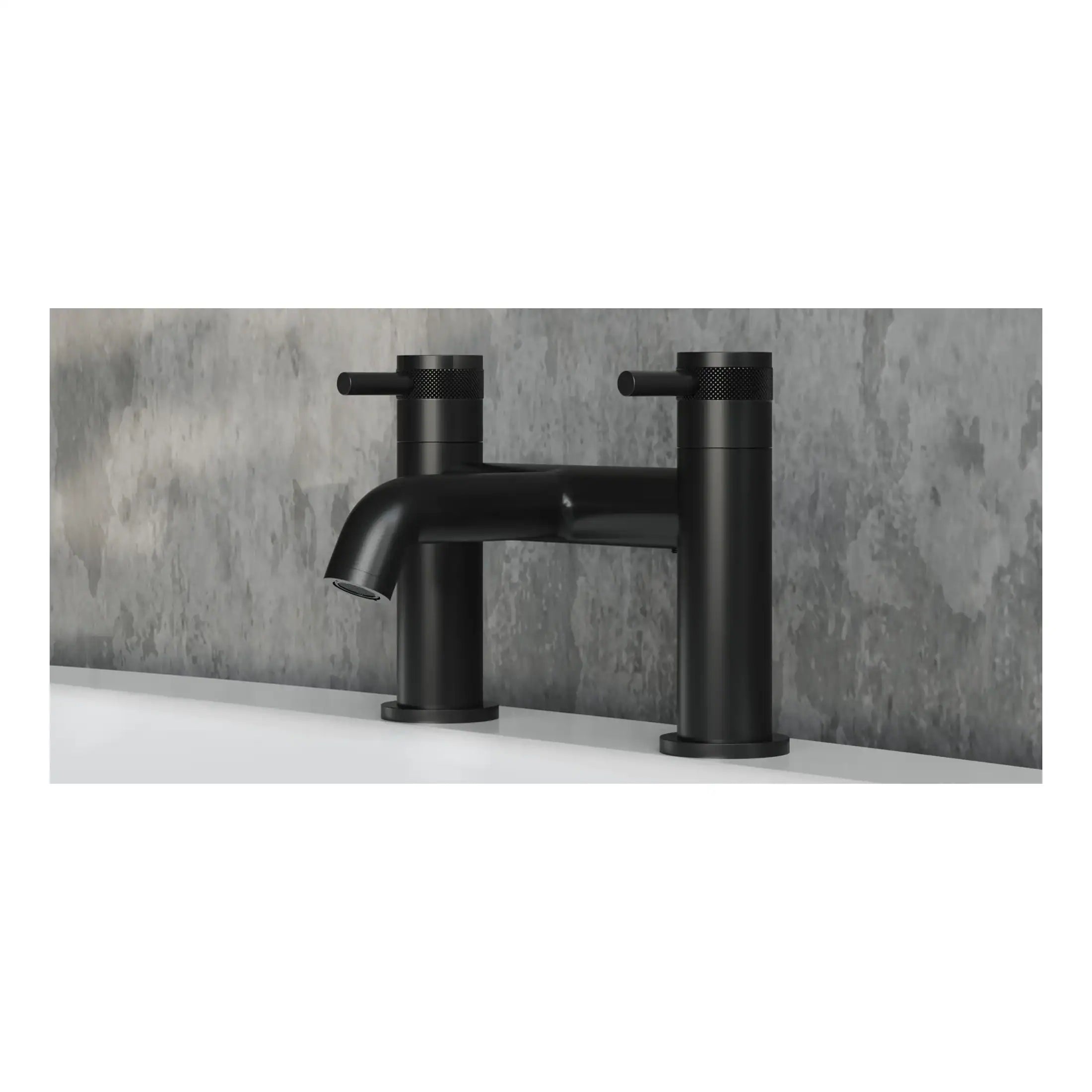 Sleek black matte bathroom sink tap with dual handles, modern minimalist design, ideal for contemporary bathrooms, durable finish, easy to operate, matches various fixtures and fittings.