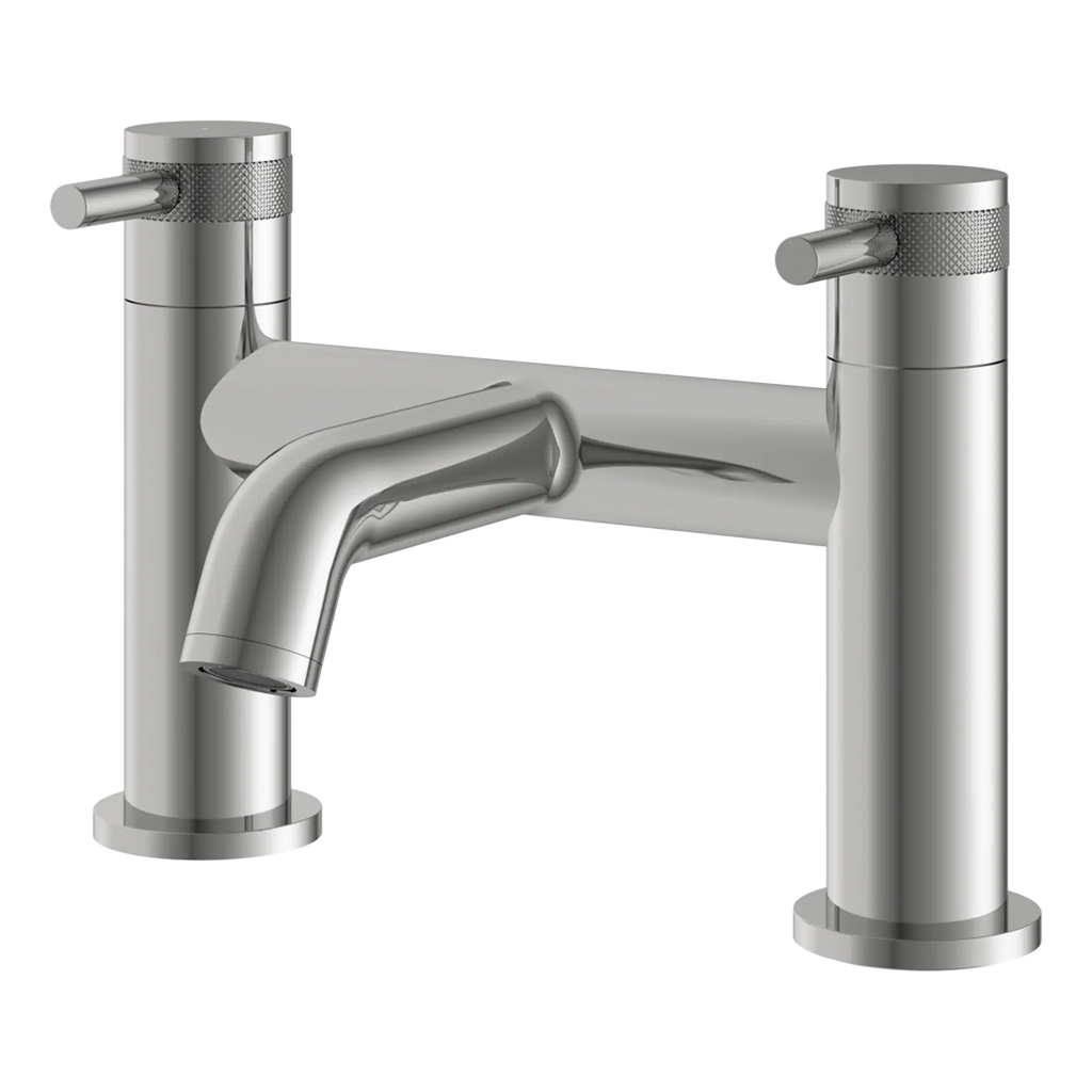 Brushed nickel bathroom tap with modern design, two lever handles and a sleek spout for contemporary bathroom or kitchen sink installations. Perfect for stylish and functional bathroom upgrades.