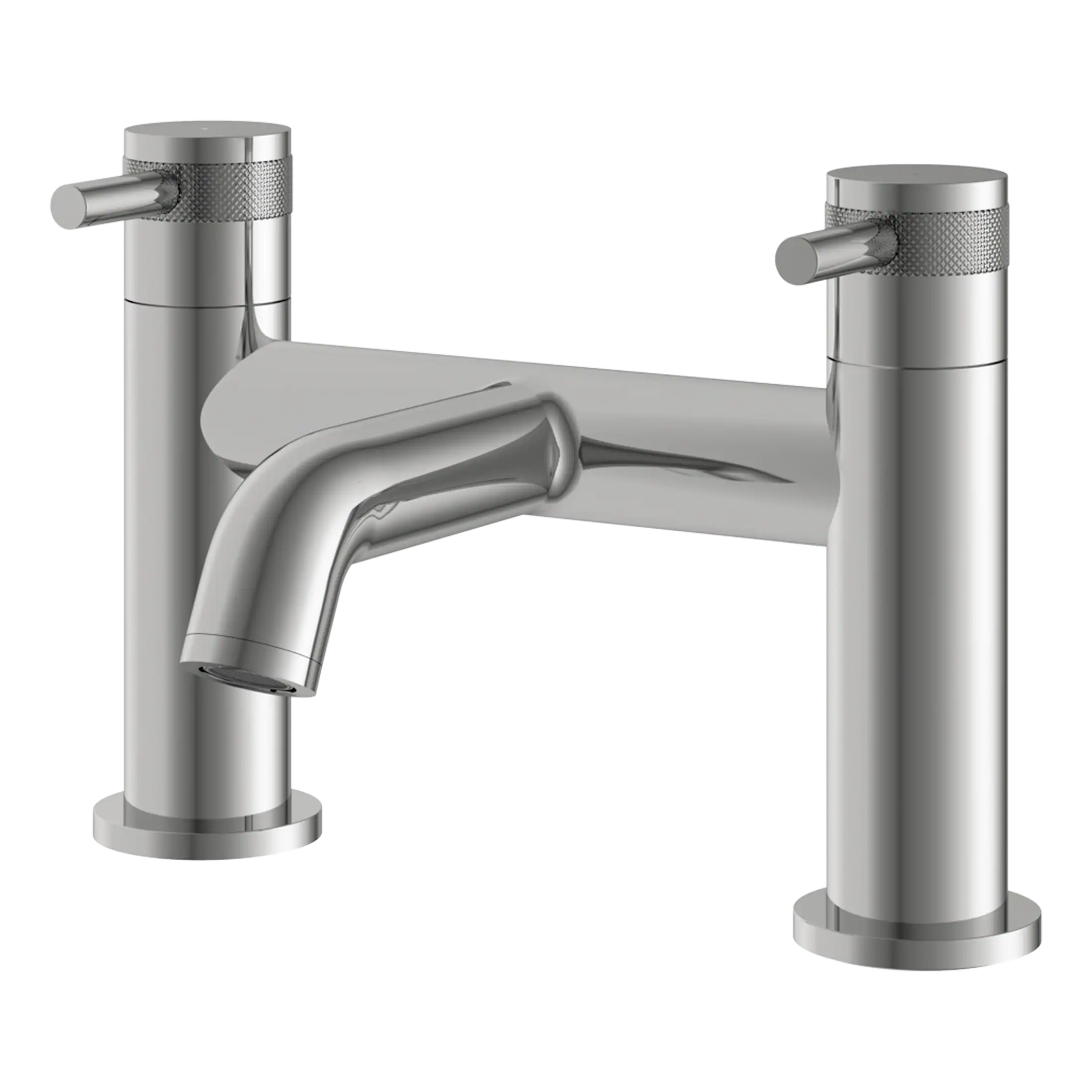 Brushed nickel bathroom tap with modern design, two lever handles and a sleek spout for contemporary bathroom or kitchen sink installations. Perfect for stylish and functional bathroom upgrades.