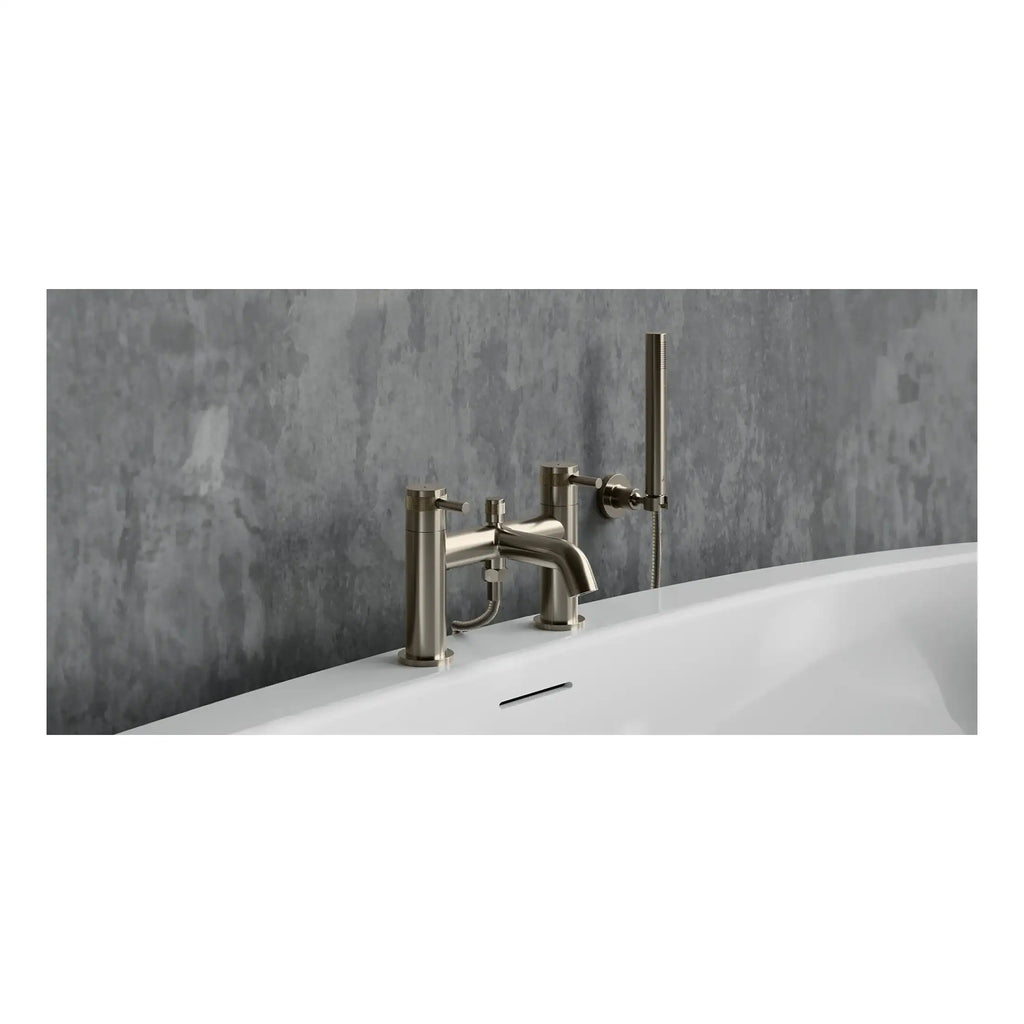 Sleek modern bath faucet with a brushed nickel finish mounted on a white bathtub against a grey textured wall, perfect for contemporary bathroom upgrades.