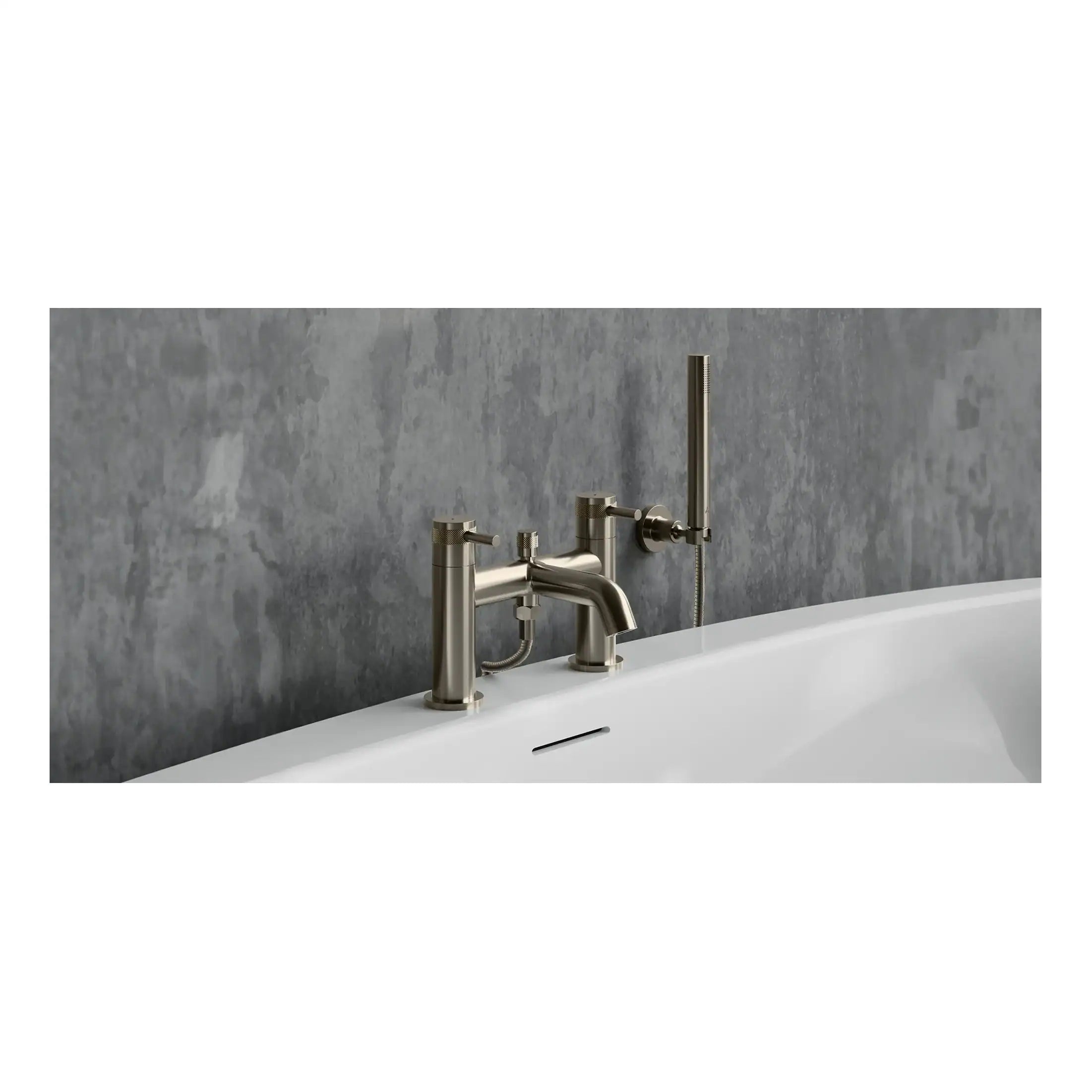 Sleek modern bath faucet with a brushed nickel finish mounted on a white bathtub against a grey textured wall, perfect for contemporary bathroom upgrades.