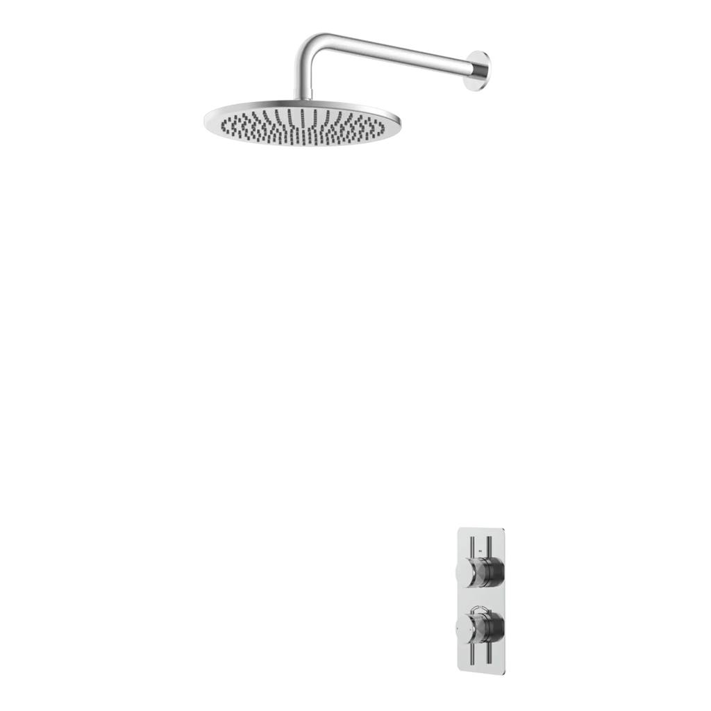 Shower system with overhead rainfall showerhead and dual control thermostatic mixer tap for luxurious Bubly Bathrooms.