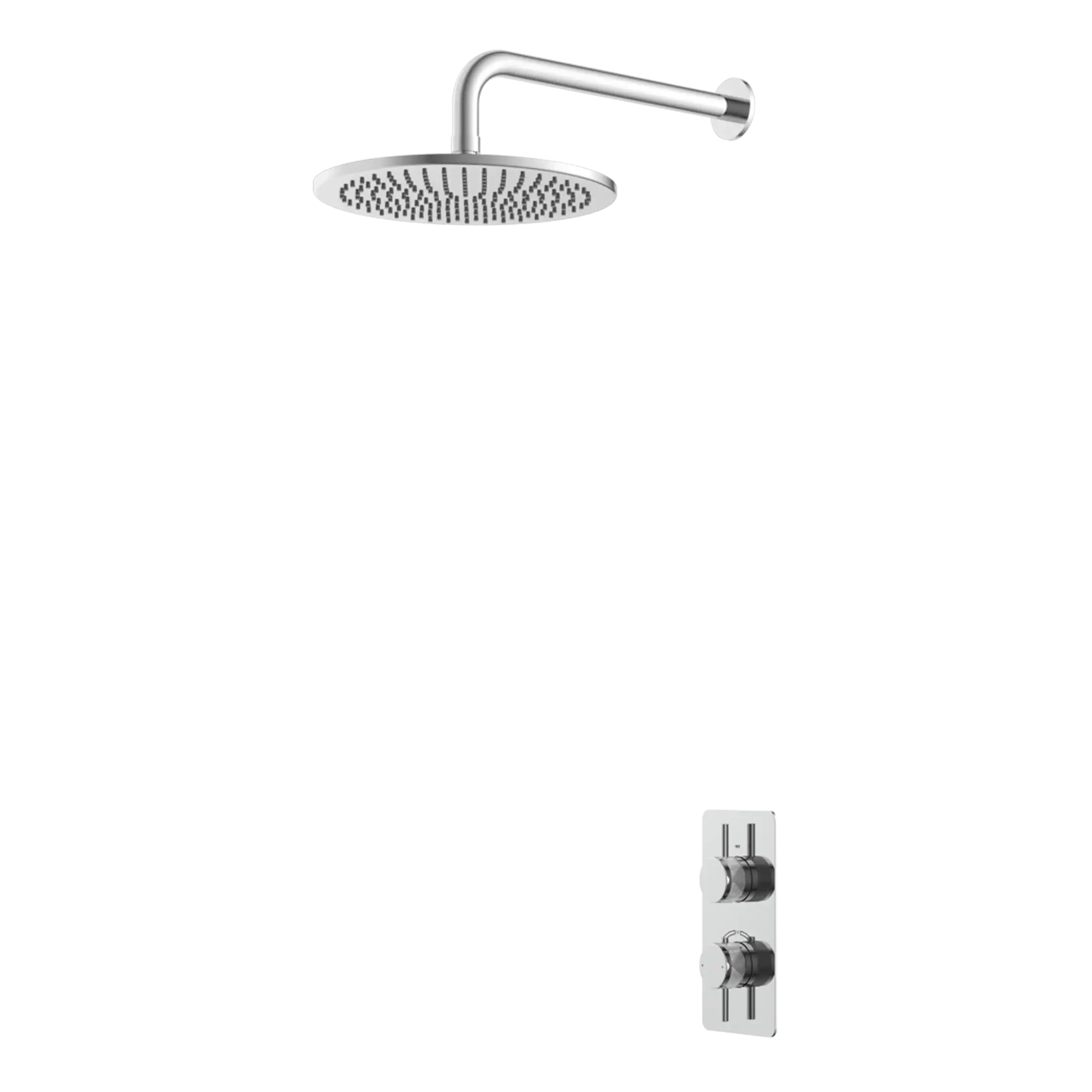Shower system with overhead rainfall showerhead and dual control thermostatic mixer tap for luxurious Bubly Bathrooms.