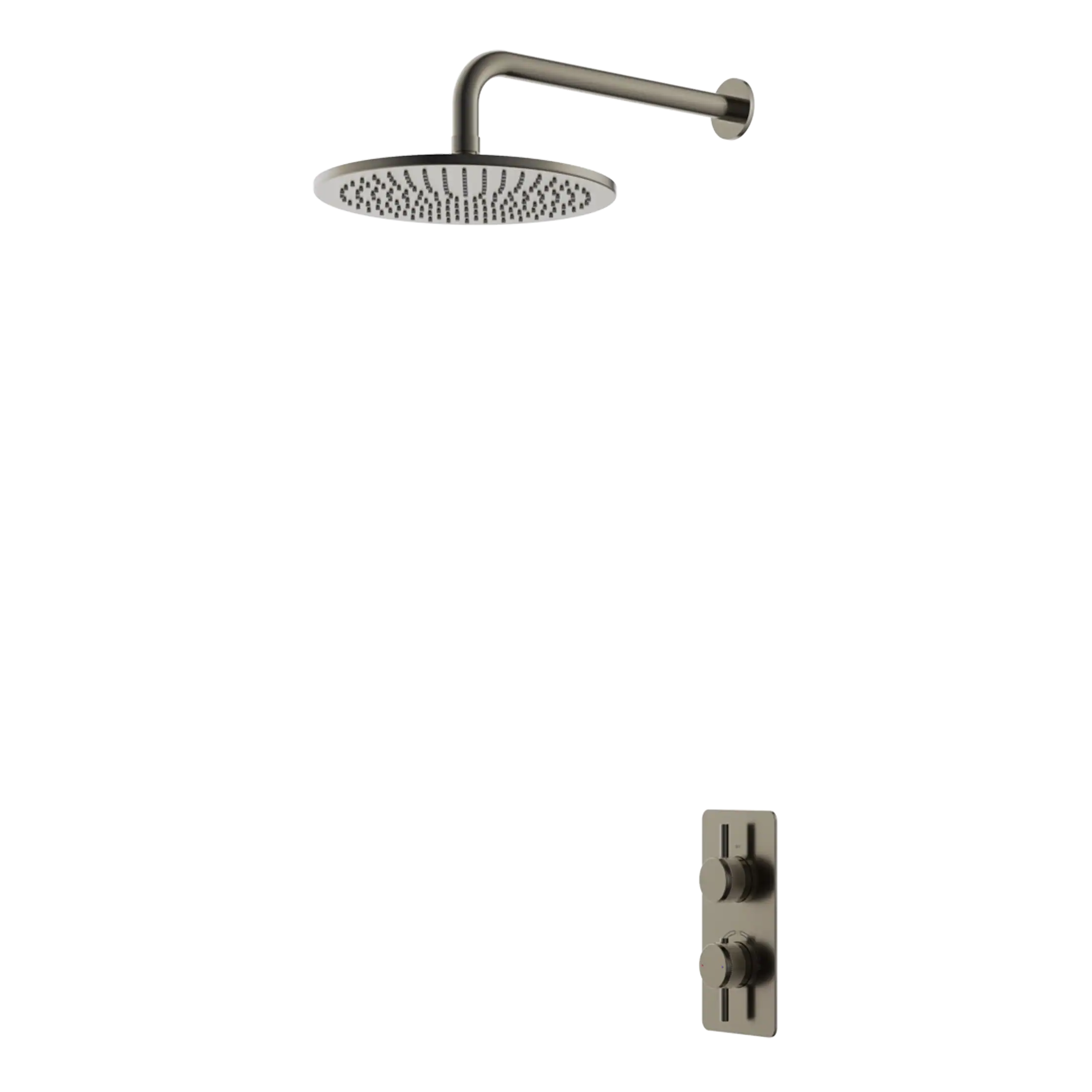 Rain shower head with modern brushed nickel finish, including thermostatic mixer valve for customisable water temperature, ideal for luxury bathroom upgrades.