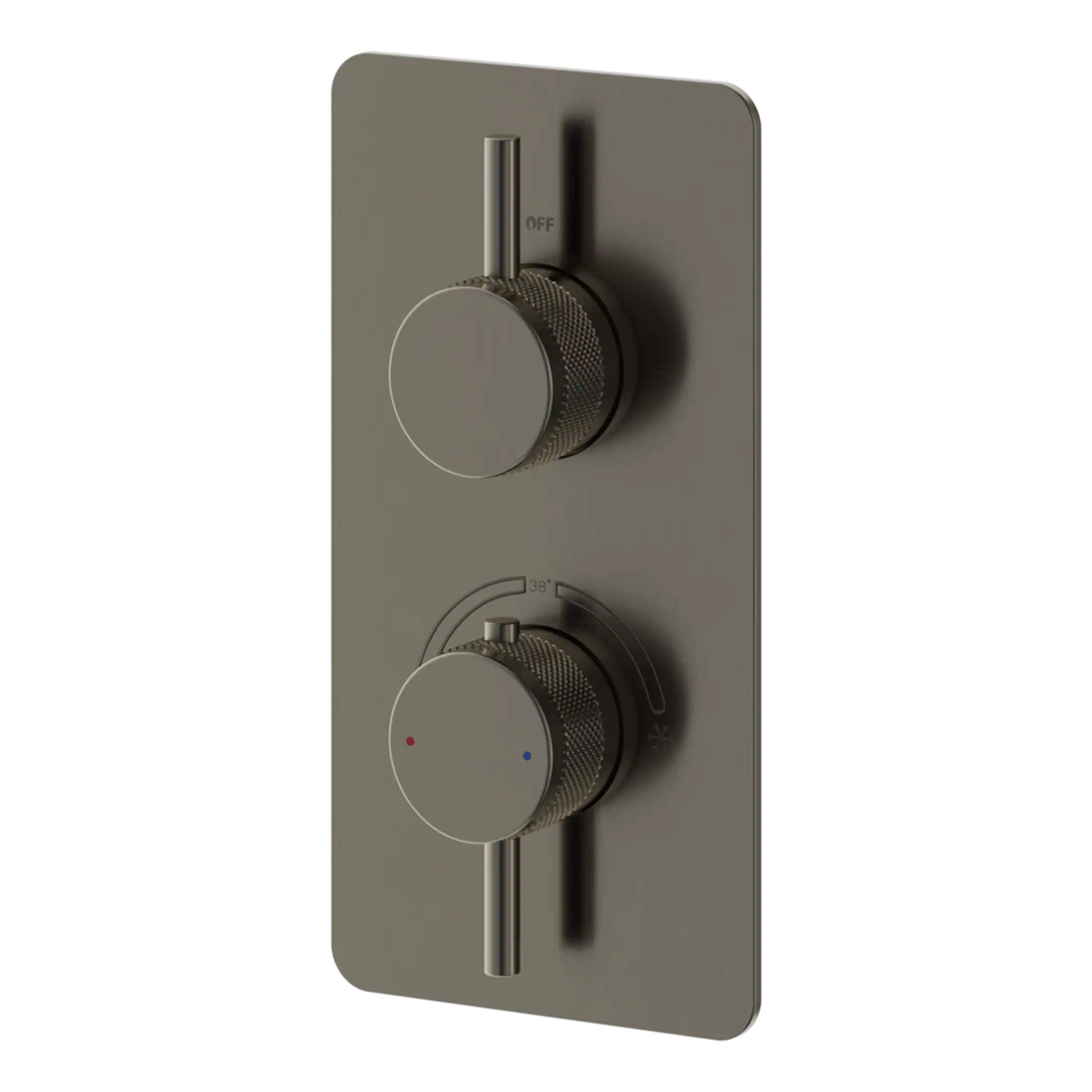 Chrome thermostatic shower control panel with temperature and flow dials, ideal for modern bathroom bathrooms, perfect for adjusting water temperature and pressure for a custom shower experience.