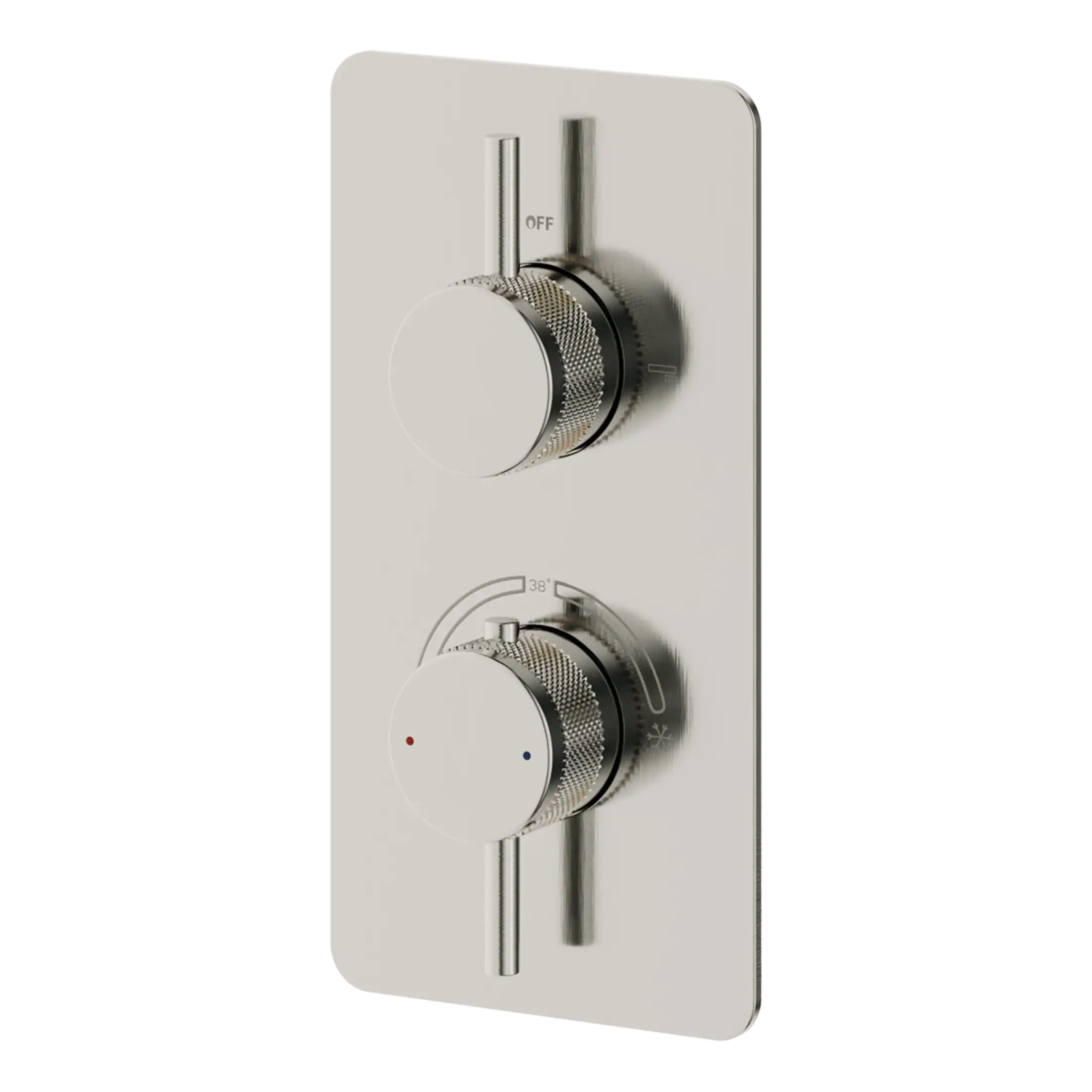 Sleek modern bathroom shower thermostat with dual control dials for temperature and flow regulation. Durable stainless steel finish for contemporary bathroom design.
