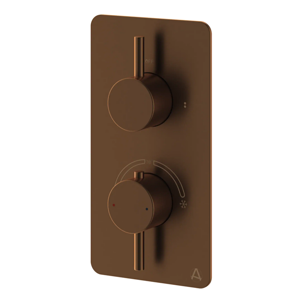 Modern bronze bathroom thermostat with dual controls for temperature and flow adjustment. Suitable for contemporary bathroom designs, ensuring comfort and style.