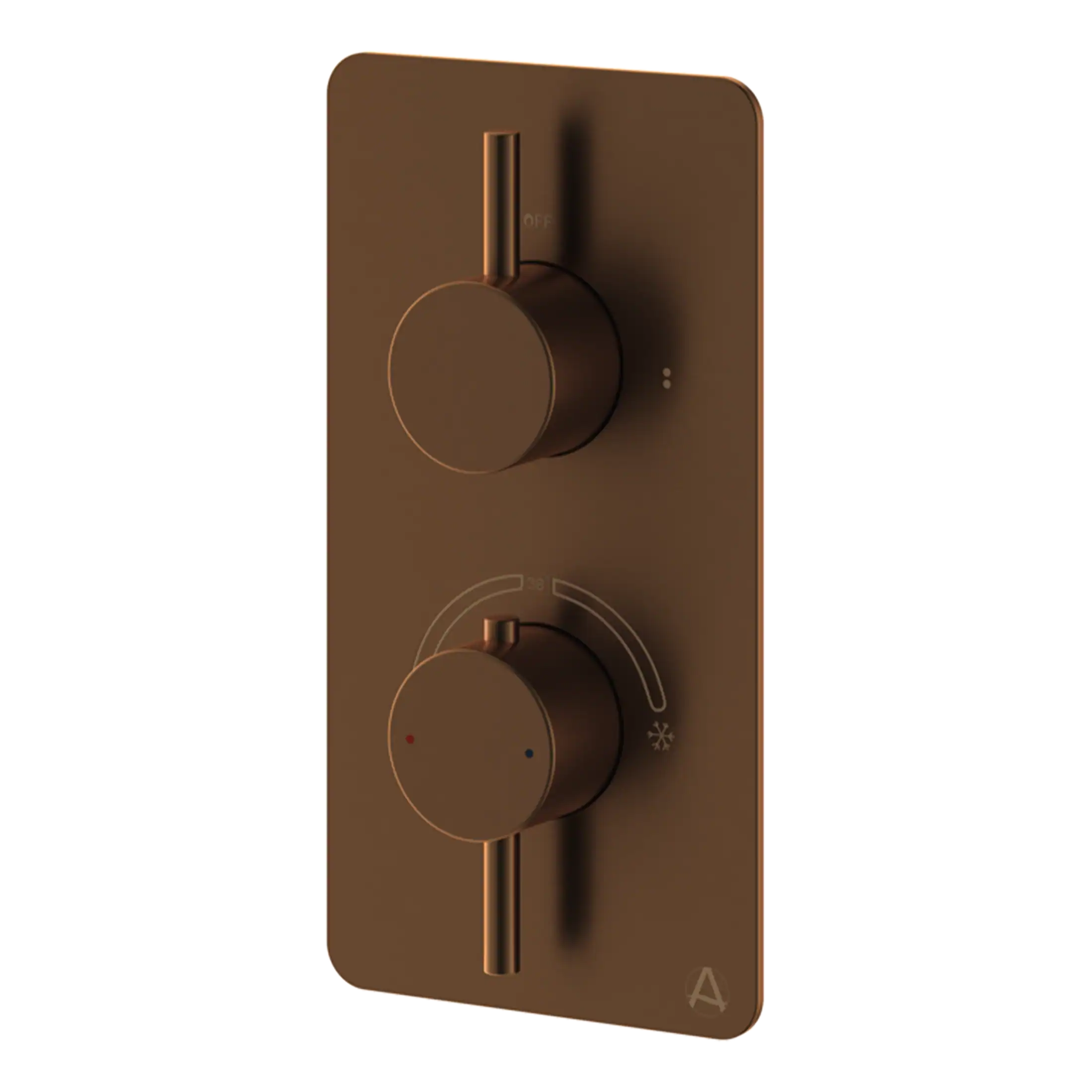 Modern bronze bathroom thermostat with dual controls for temperature and flow adjustment. Suitable for contemporary bathroom designs, ensuring comfort and style.