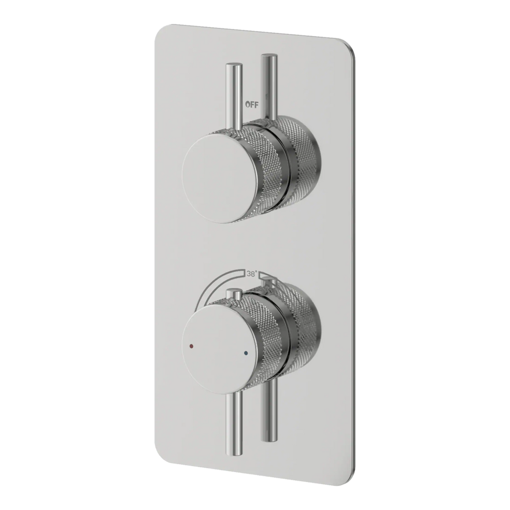 Chrome shower thermostat control panel with temperature dials, modern bathroom fixtures, validating quality bathroom accessories.