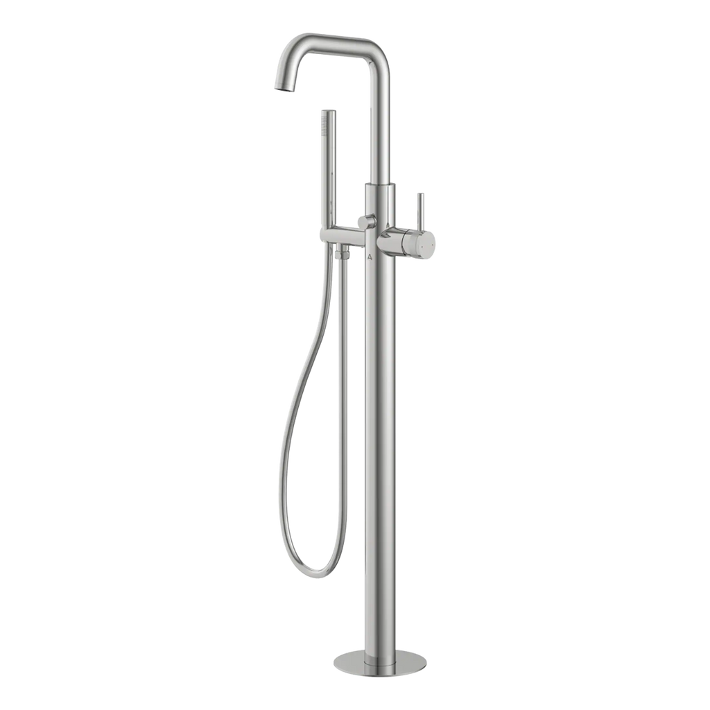 Sleek stainless steel bathroom shower mixer with handheld shower and flexible hose for modern Bubly Bathrooms.