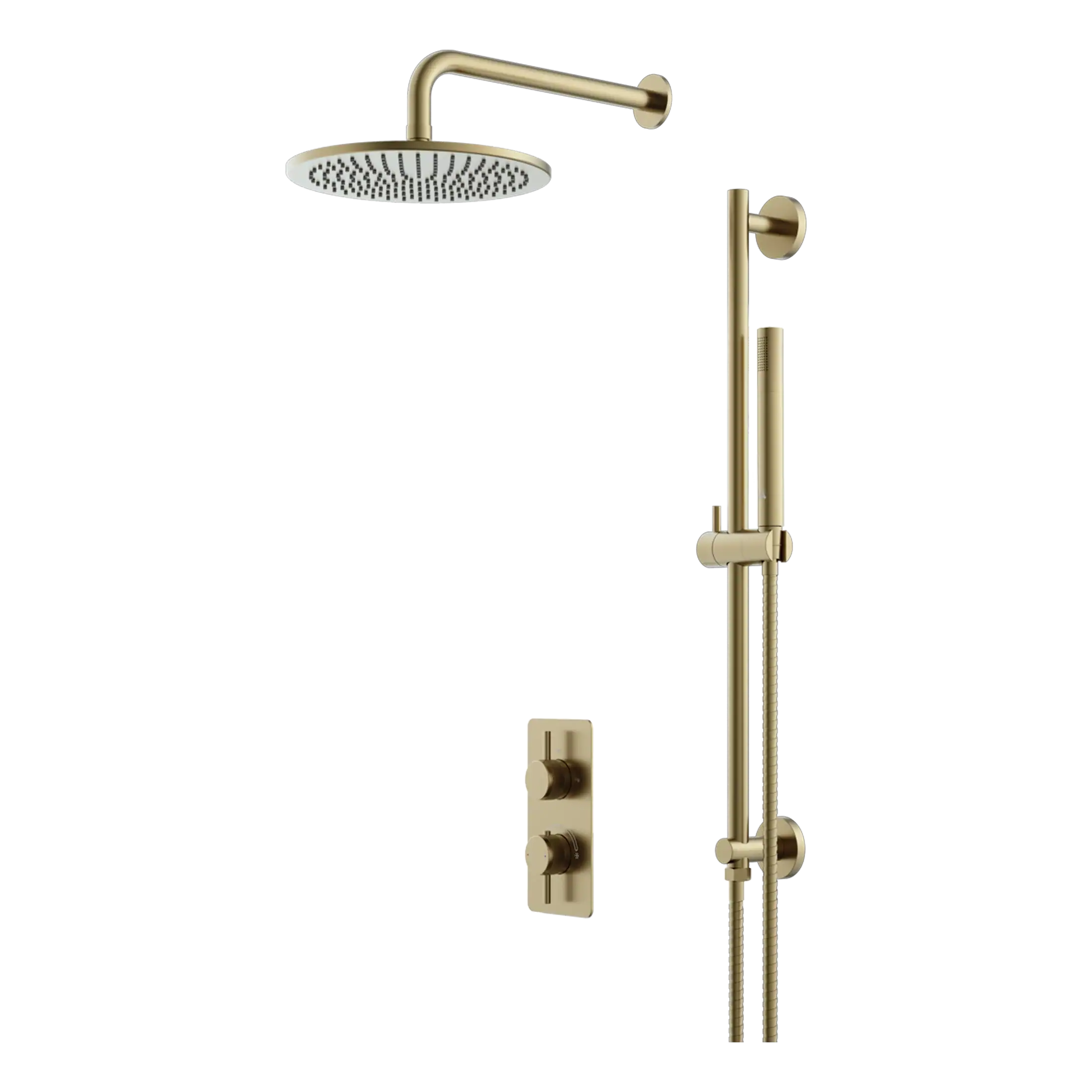 Shower system with rainfall shower head and dual controls in brushed gold finish for luxurious bathroom experience.