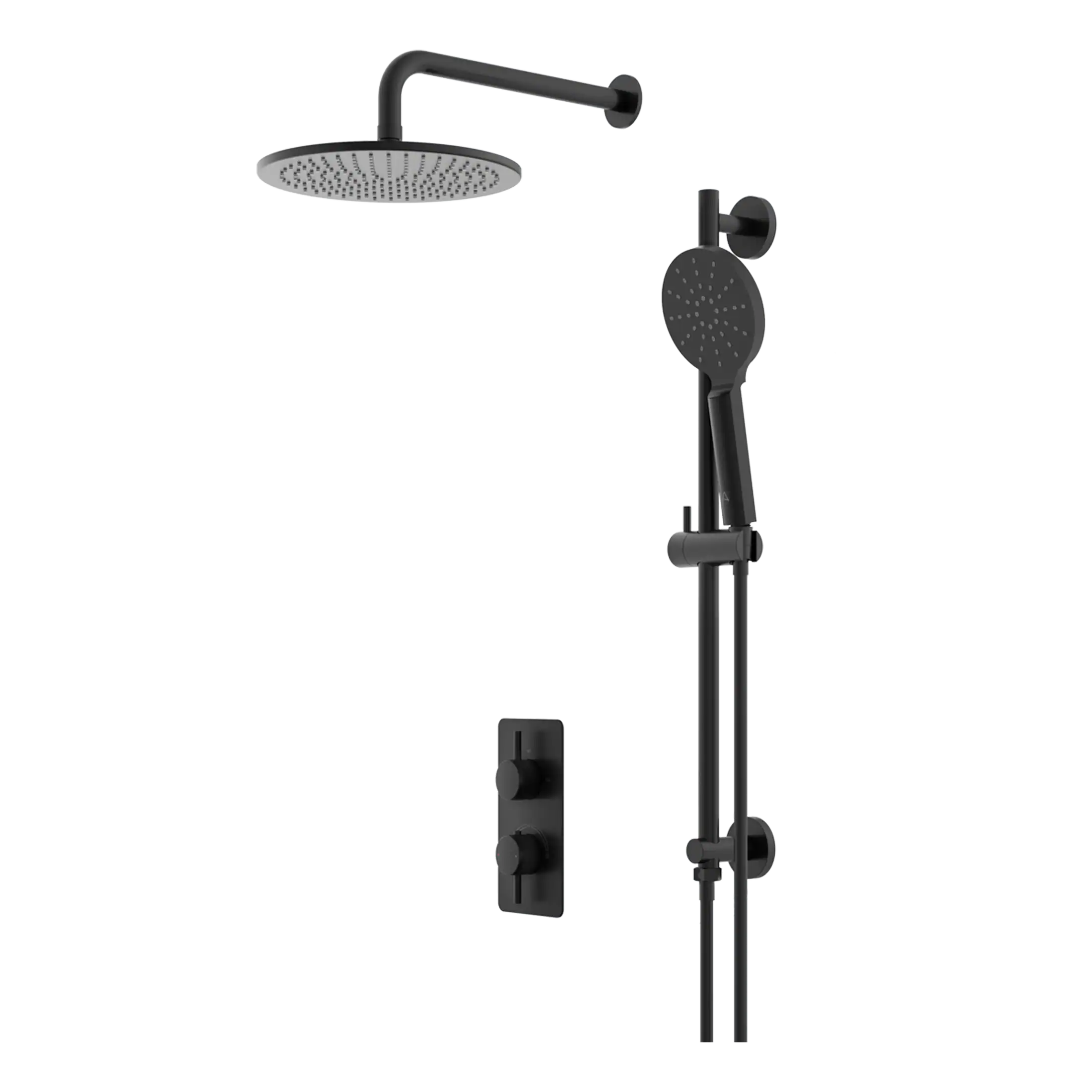 Sleek black rainfall and handheld shower system with adjustable height slider, wall mount, and modern shower controls for stylish and functional bathroom upgrades.