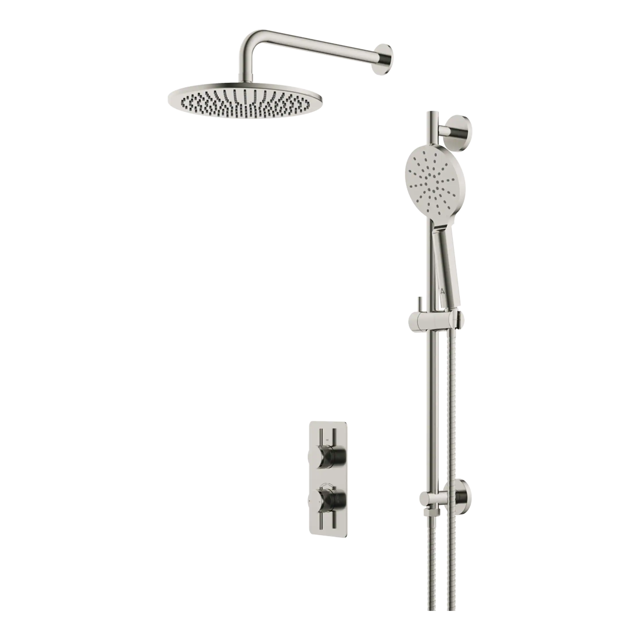 Chrome shower head with adjustable handheld spray and wall-mounted controls for modern bathroom renovation.