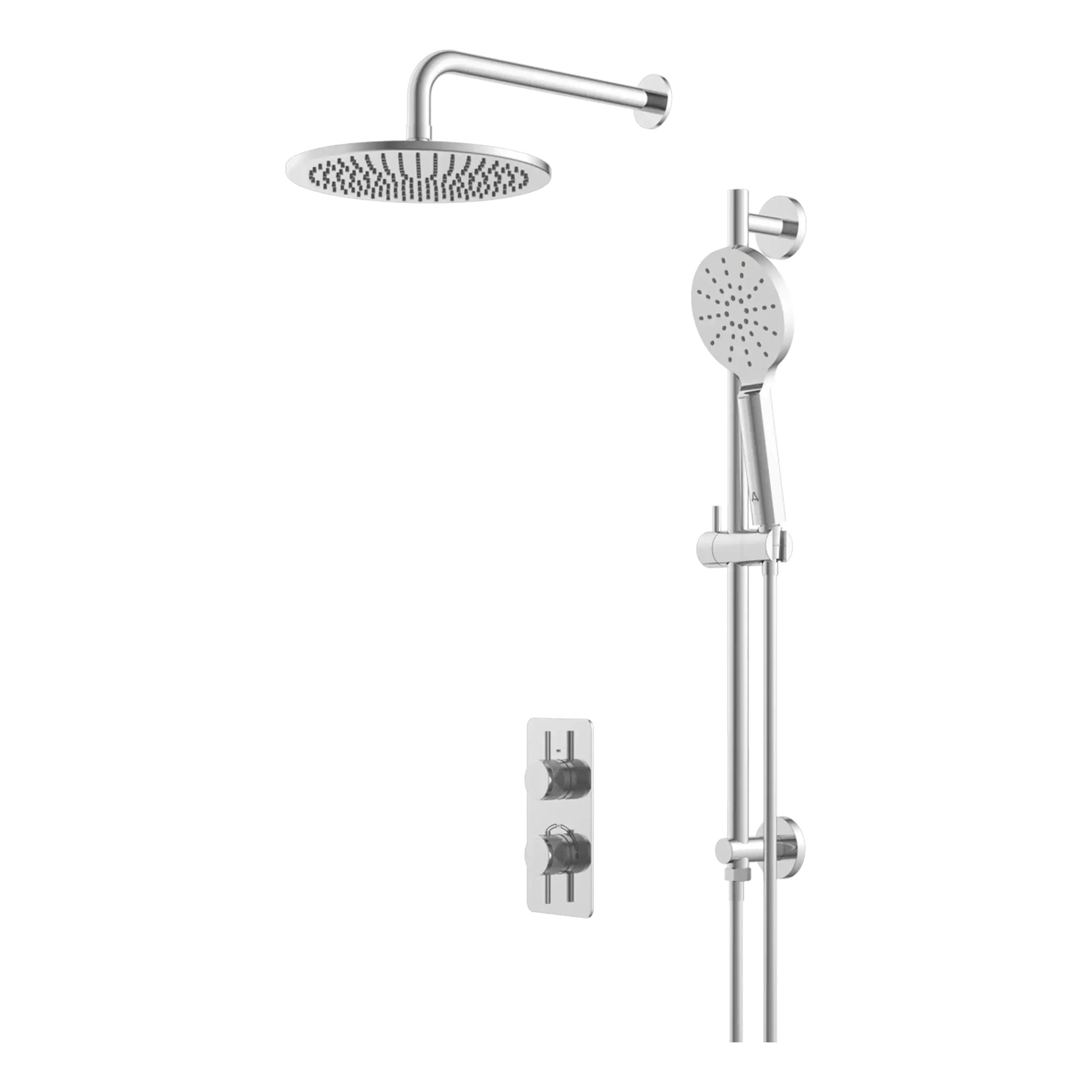 Shower panel with dual shower heads, mixer controls, and modern chrome finish, ideal for luxurious bathroom remodels and shower installations.