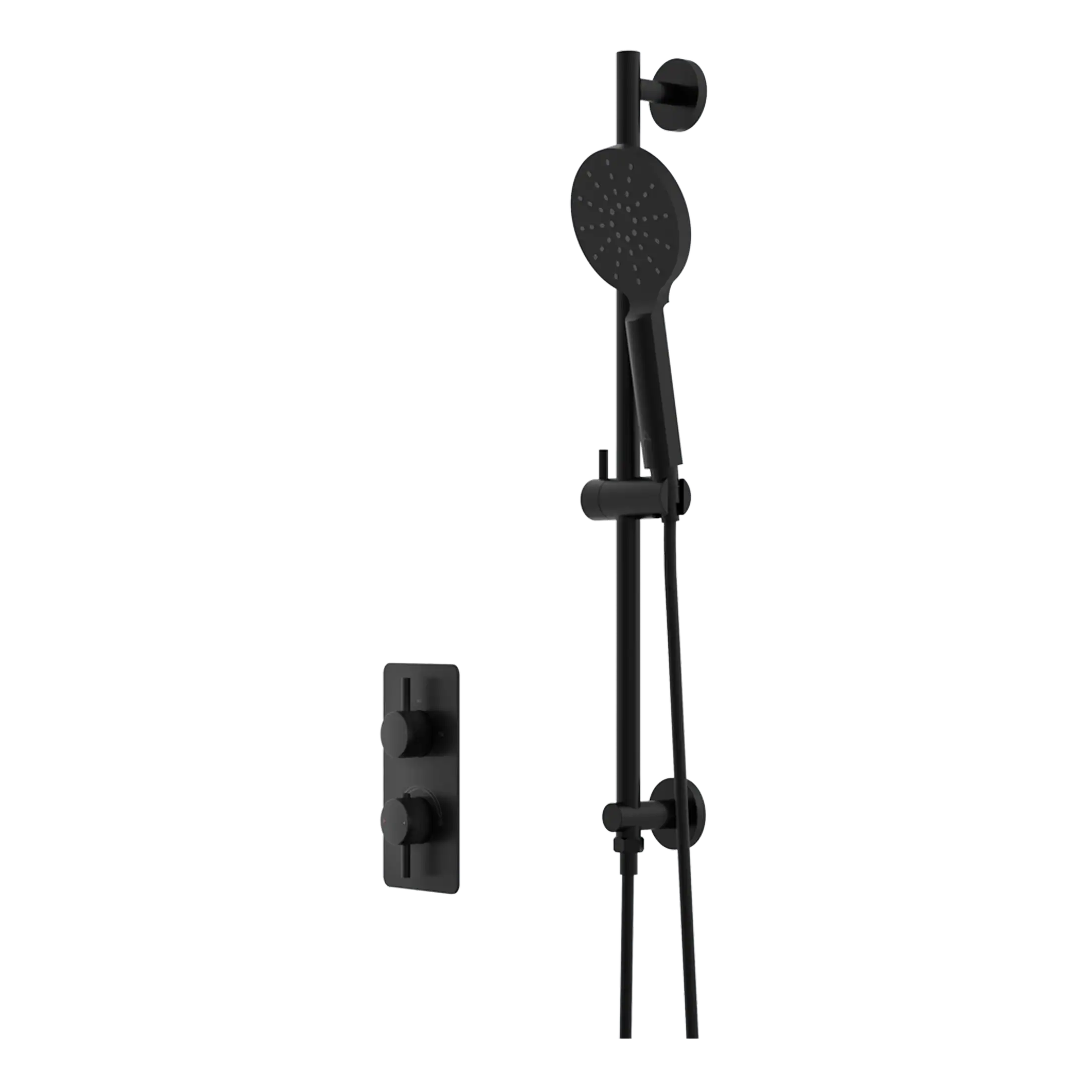 Sleek black modern shower panel with adjustable handheld shower head and wall-mounted controls, perfect for contemporary bathrooms and luxury shower installations.