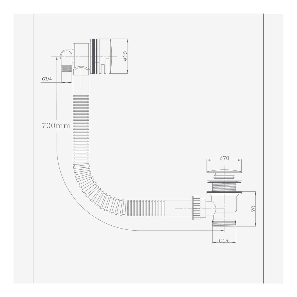 Flexible kitchen sink waste pipe with G3/4 threaded fitting, 700mm long corrugated tubing, and adjustable no-hub connection for plumbing installations.