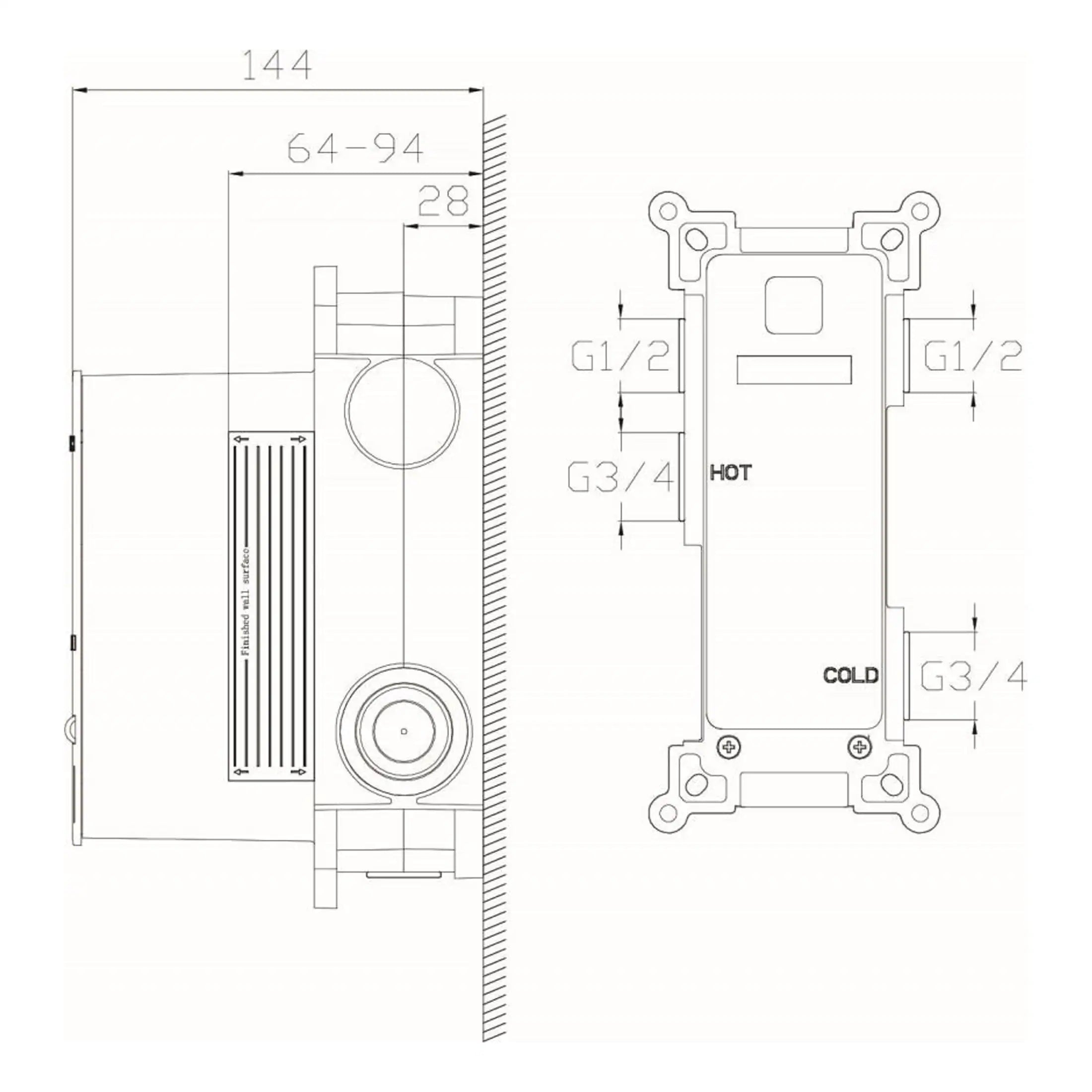 High-quality bathroom plumbing hardware installation diagram with technical specifications and measurements for Bubly Bathrooms.