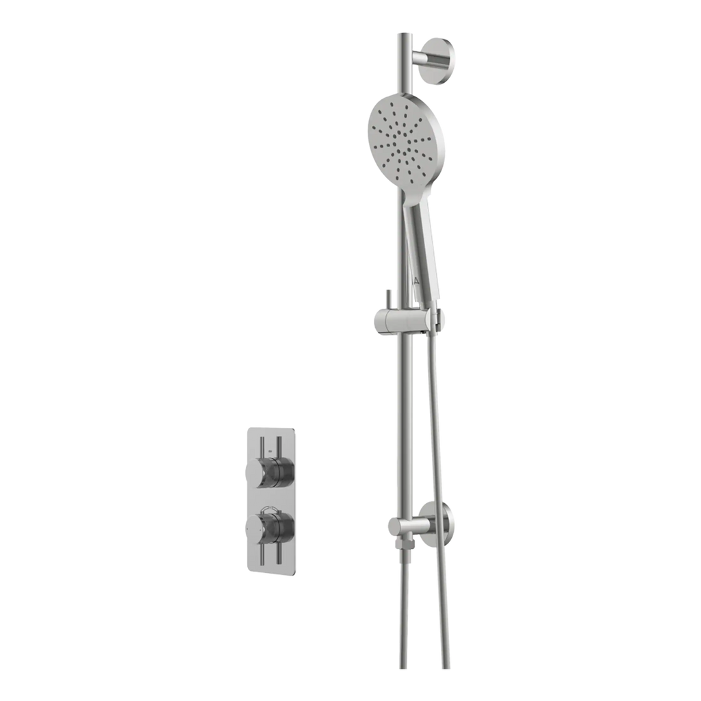 Shower panel with handheld showerhead and control valves for modern bathroom design. Durable stainless steel fixtures, perfect for a contemporary shower room setup.