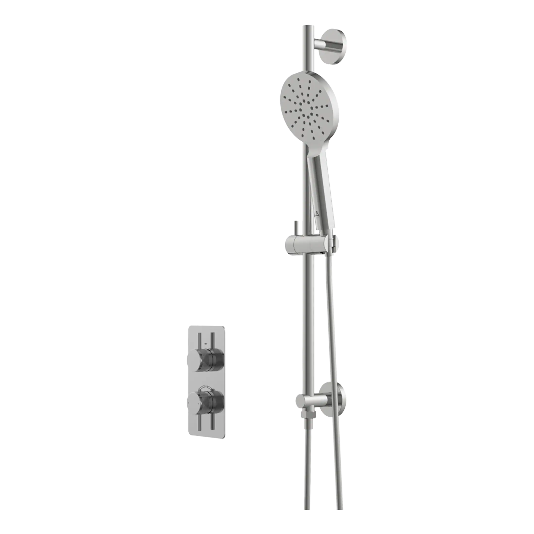 Shower panel with handheld showerhead and control valves for modern bathroom design. Durable stainless steel fixtures, perfect for a contemporary shower room setup.