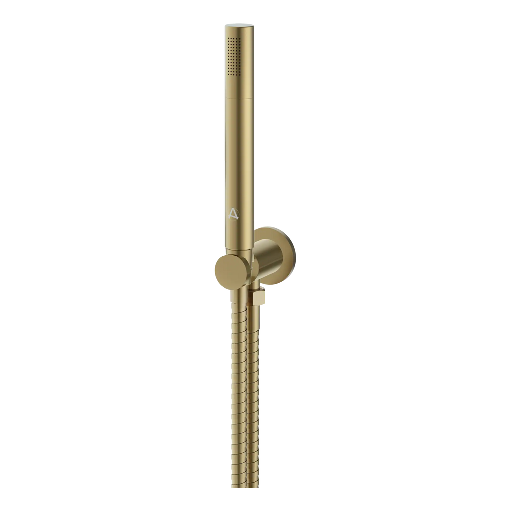Golden bathroom shower head with adjustable height and modern design, perfect for contemporary Bubly Bathrooms. Durable, stylish, and suitable for luxury bathroom renovations.