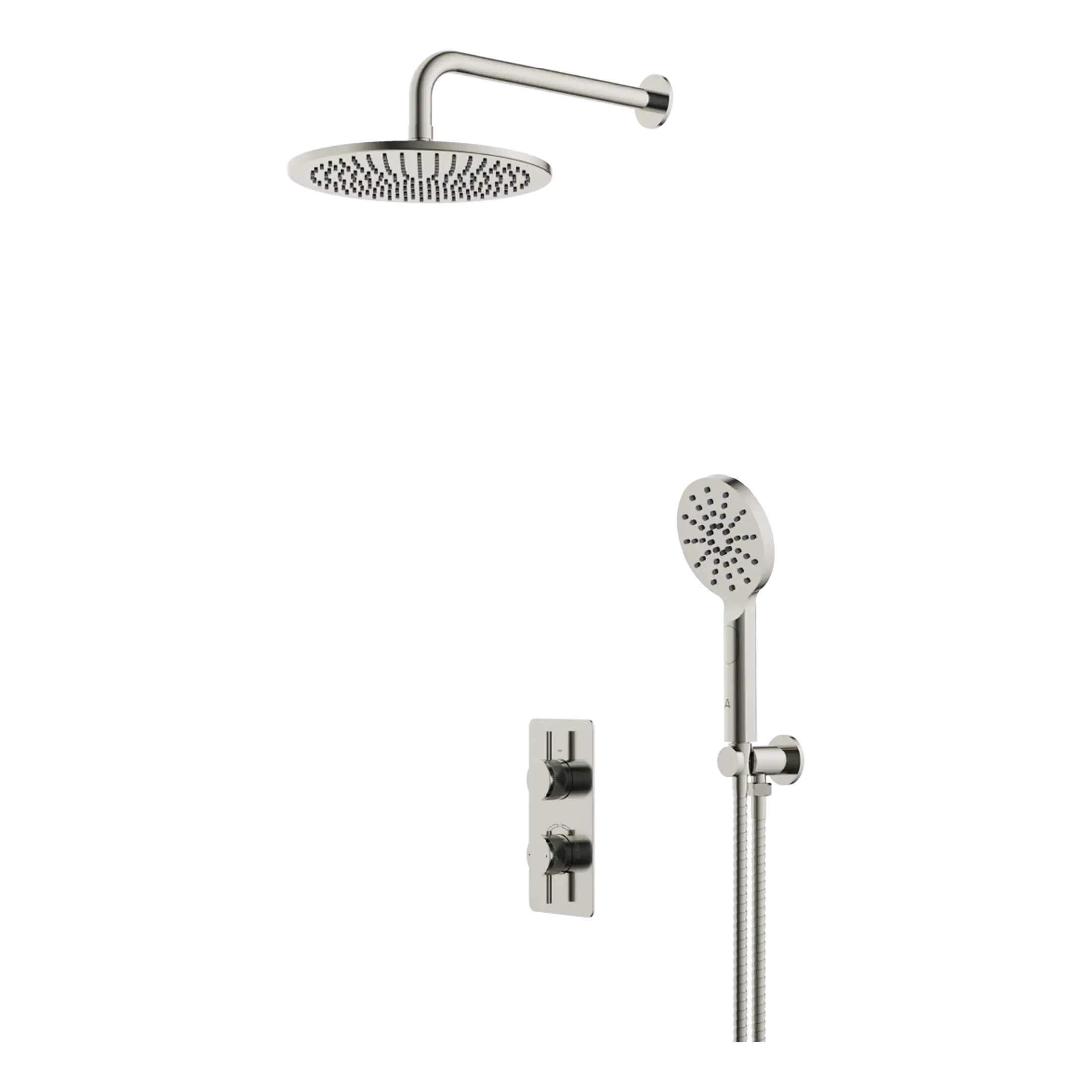 Modern shower system with a large overhead rainfall showerhead, handheld showerhead, and thermostatic controls, perfect for luxury bathrooms or renovations.