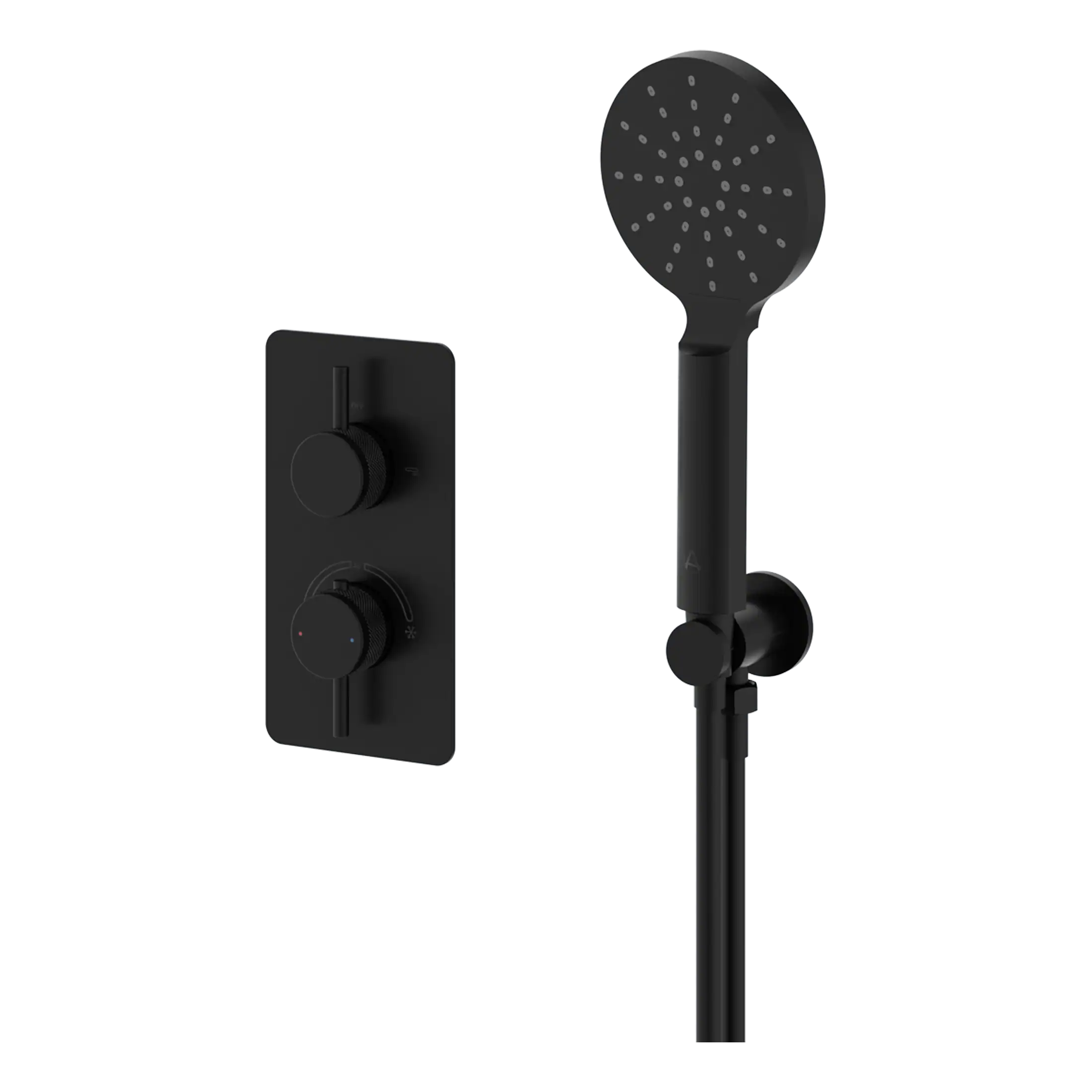 Modern black shower valve and handheld shower head set for luxurious bathroom installations. Easy to control water flow and temperature for a stylish and functional shower experience.