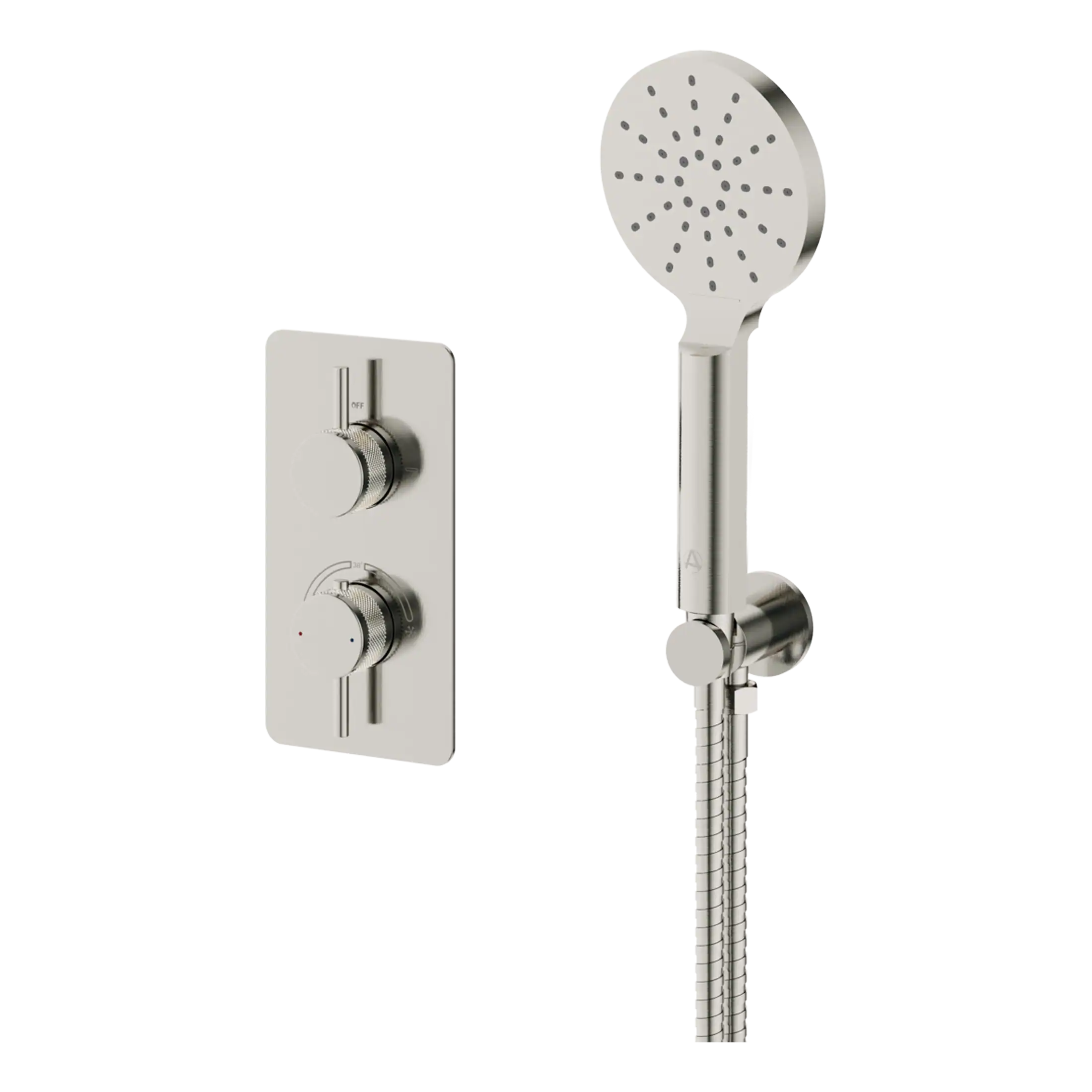 Brushed nickel modern shower panel with adjustable handheld showerhead and wall-mounted thermostatic control for luxury bathroom upgrades.