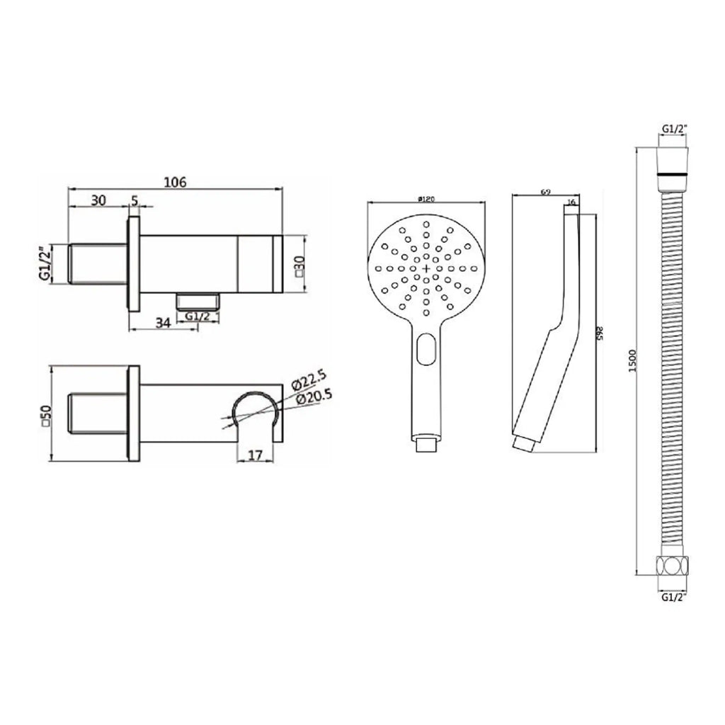 High-quality showerhead and handheld shower rail technical drawing for Bubly Bathrooms, emphasising premium bathroom fixtures, precise measurements, and installation details for modern bathroom design.
