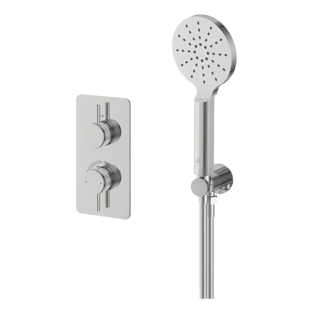 Sleek modern shower head and controls in brushed chrome finish, ideal for contemporary bathroom upgrades, offering adjustable water flow and temperature for a luxurious shower experience.