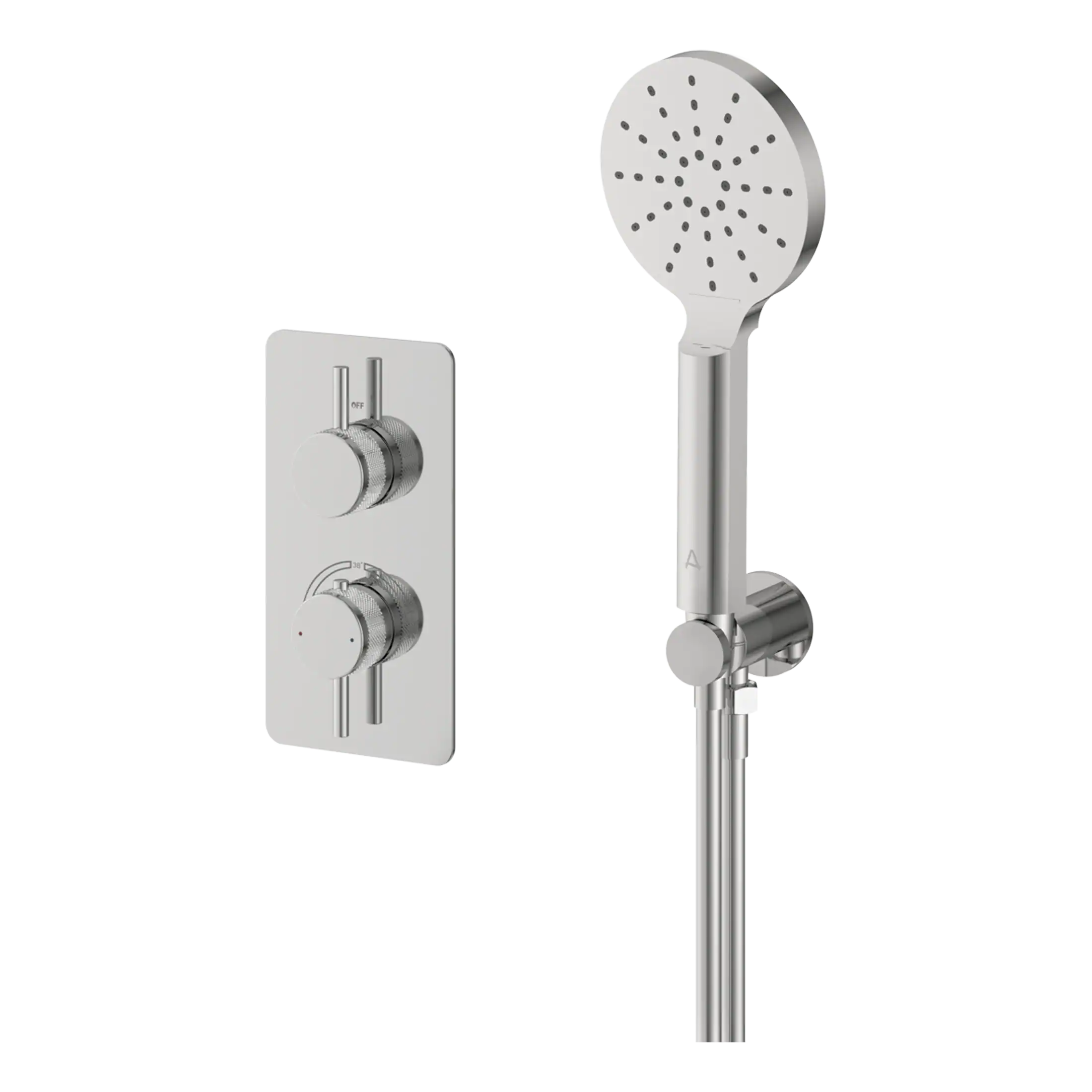 Sleek modern shower head and controls in brushed chrome finish, ideal for contemporary bathroom upgrades, offering adjustable water flow and temperature for a luxurious shower experience.