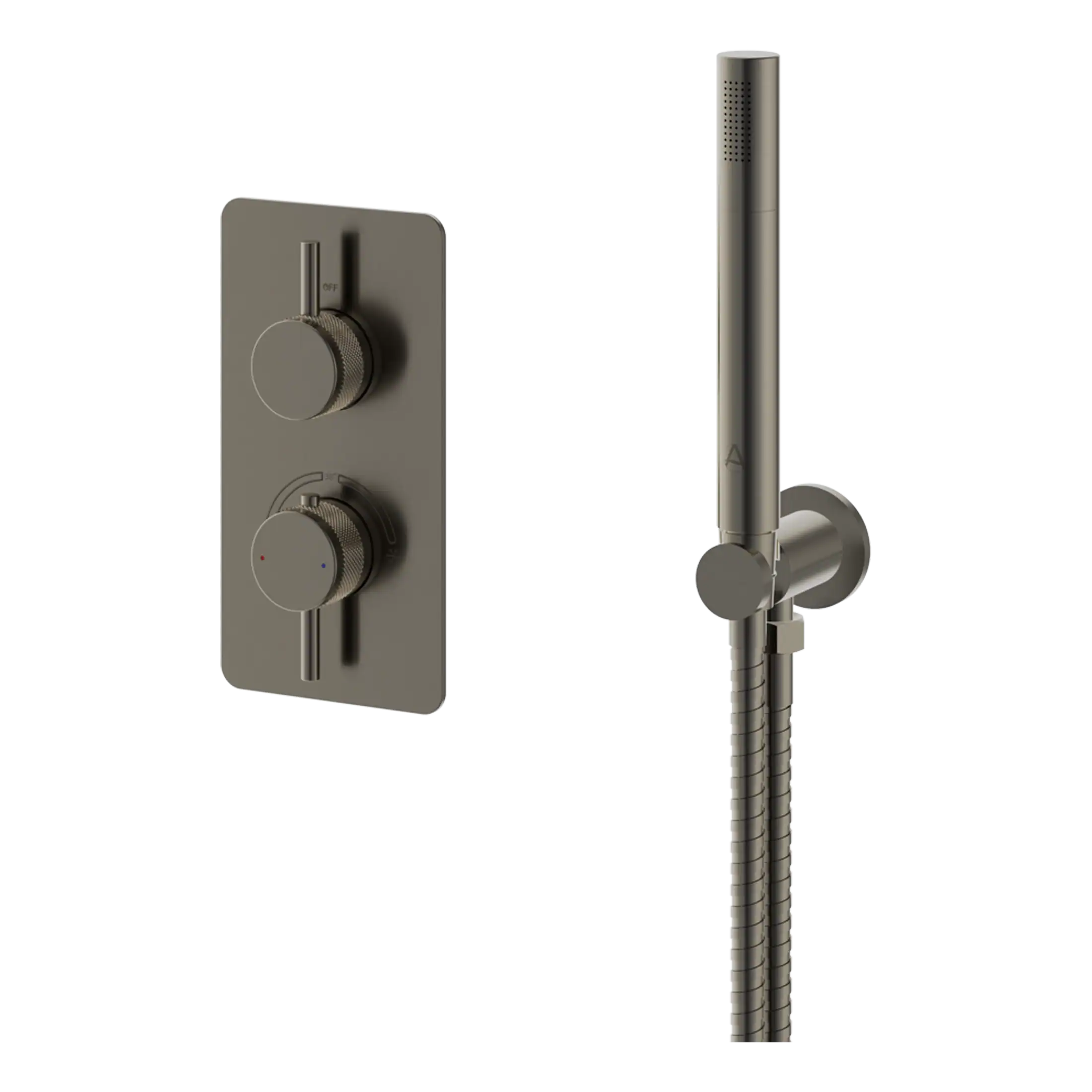 Brushed stainless steel shower mixer with dual control dials and adjustable handheld shower head for modern bathroom design.
