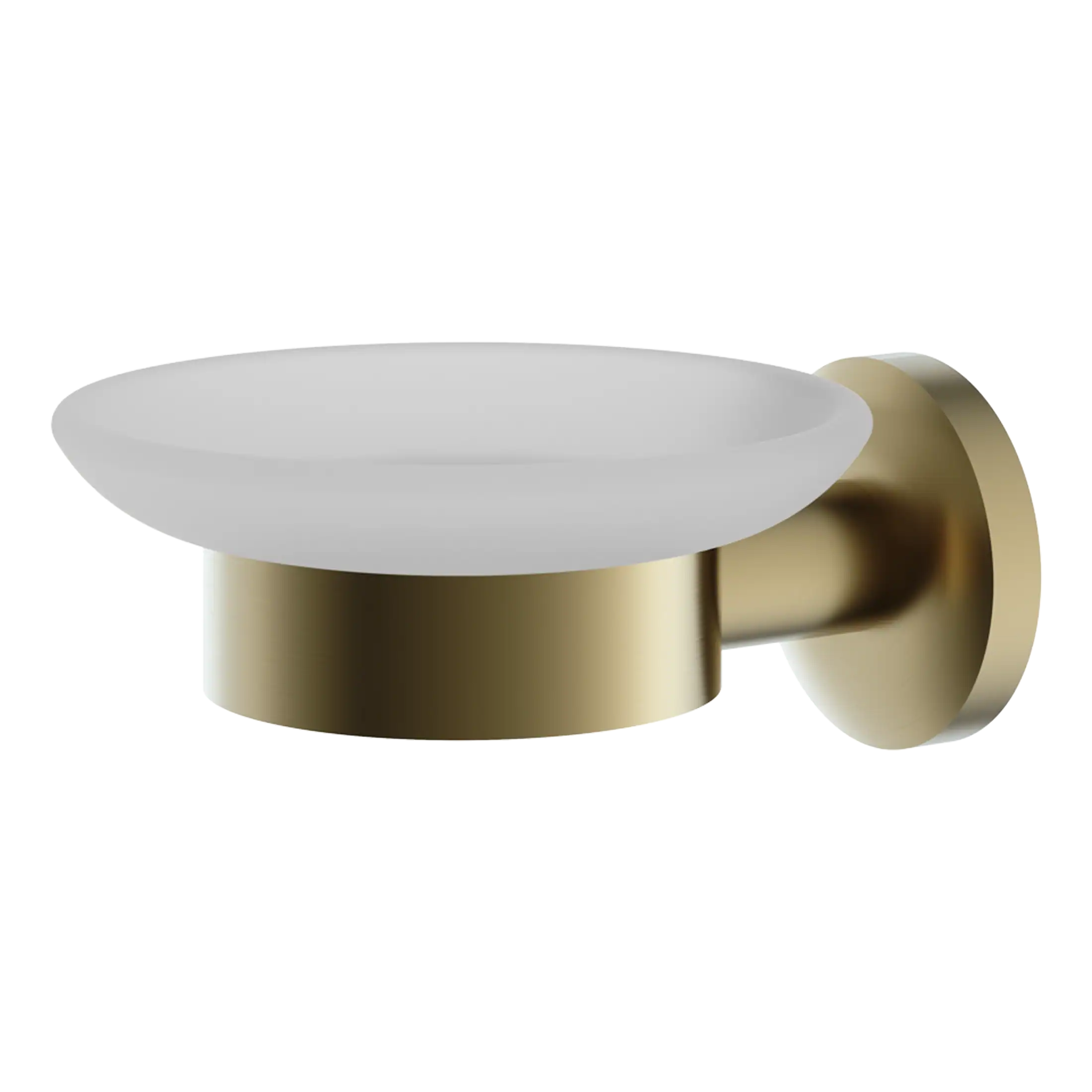 Sleek modern wall-mounted soap dish holder with a gold finish and frosted glass dish, perfect for stylish bathroom accessories and blend of elegance and functionality.