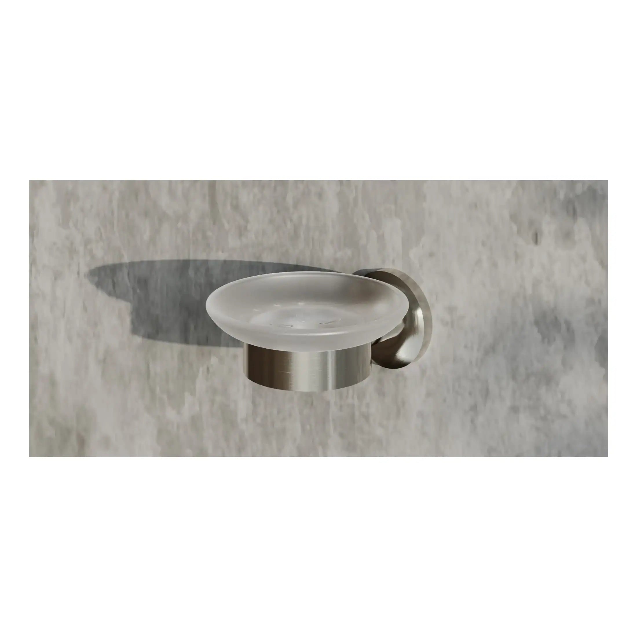 Sleek modern soap dish with stainless steel mount and clear ceramic dish, ideal for contemporary bathroom interiors.