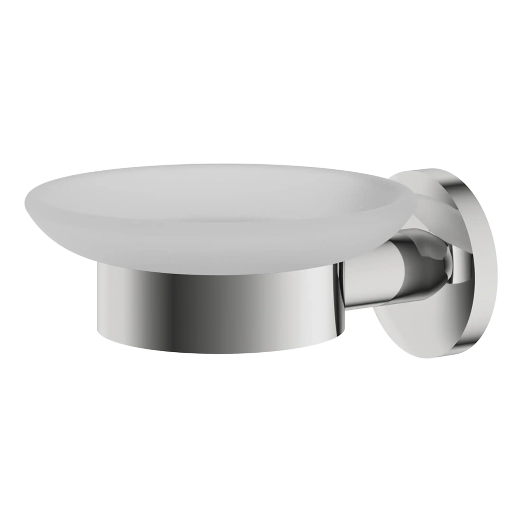 Sleek modern chrome bathroom soap dish holder with a white soap dish for stylish bathroom organisation.