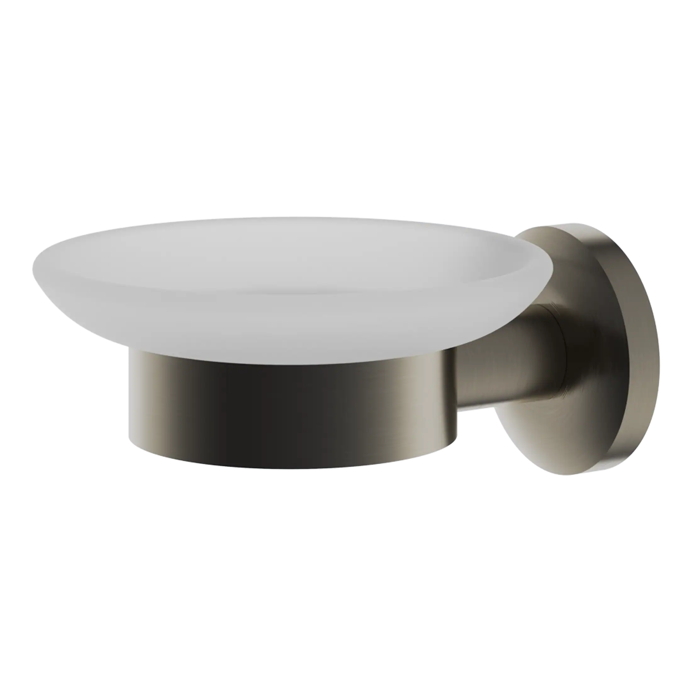Sleek modern wall-mounted bathroom soap dish with a brushed nickel finish and frosted glass soap holder for elegant bathroom decor.