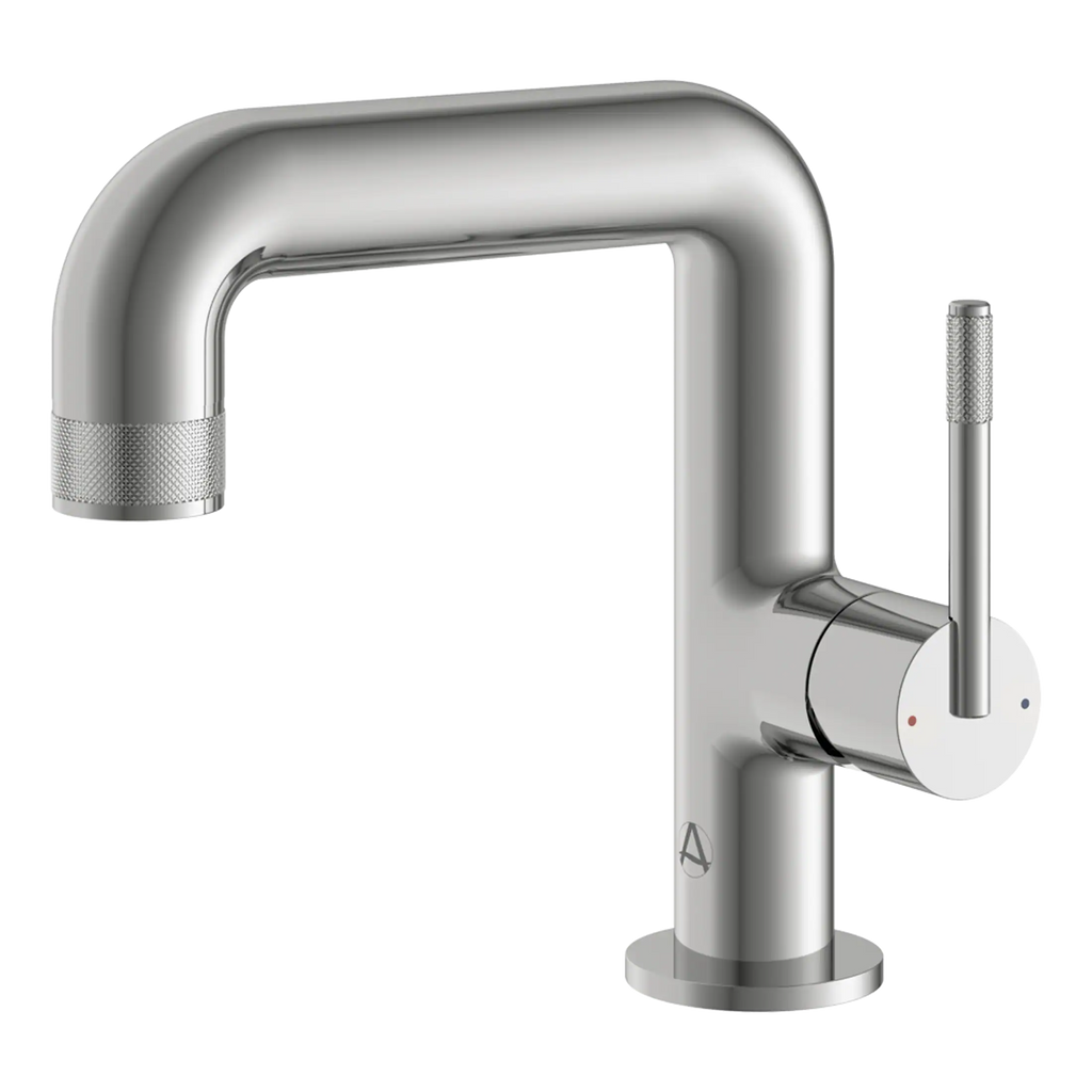 Polished stainless steel modern kitchen mixer tap with a sleek design, suitable for contemporary bathrooms and kitchens, featuring a single lever for easy water control.