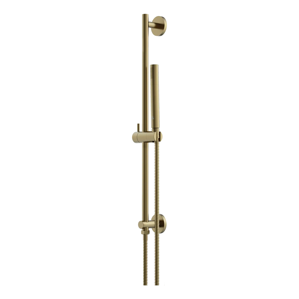 Shower rail with handheld shower head in modern matte gold finish, perfect for luxurious bathroom interiors.