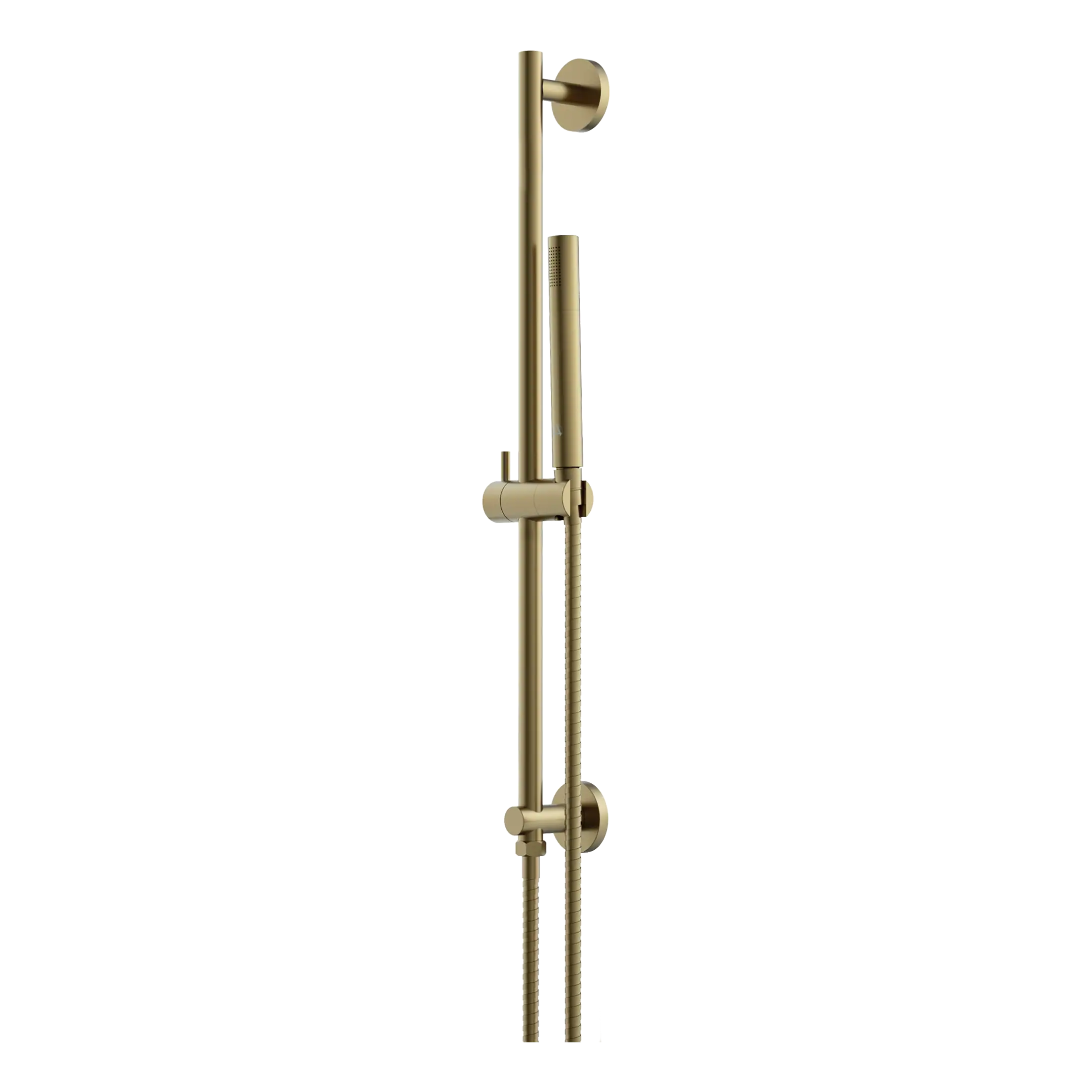 Shower rail with handheld shower head in modern matte gold finish, perfect for luxurious bathroom interiors.