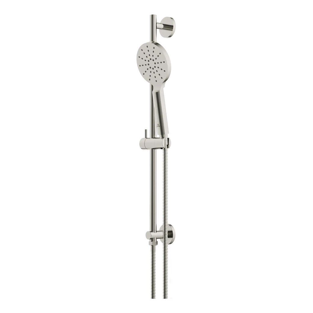Chrome handheld shower head with adjustable sliding rail in a modern bathroom setting.